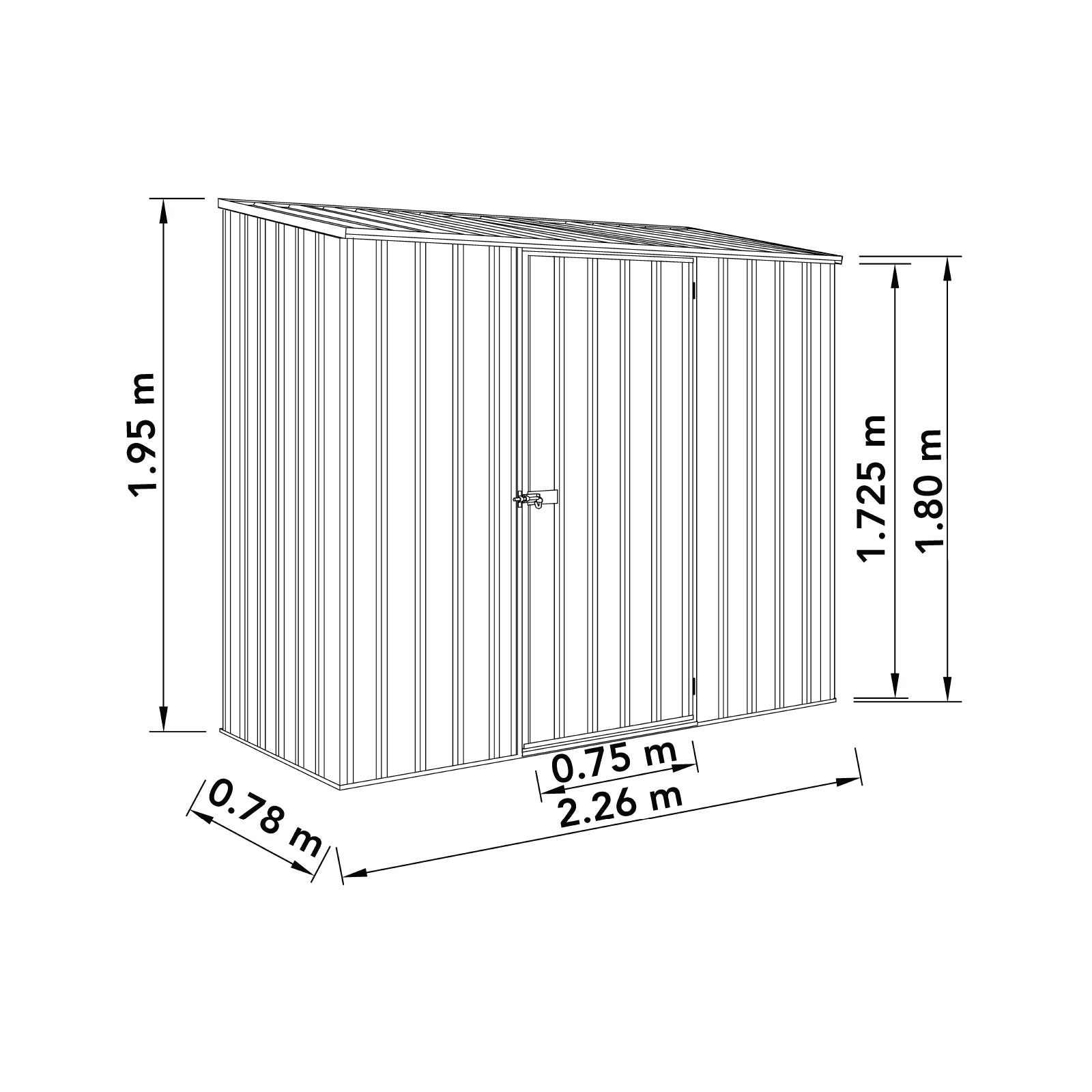 2.26mW x 0.78mD x 1.95mH Garden Shed Space Saver Single Door