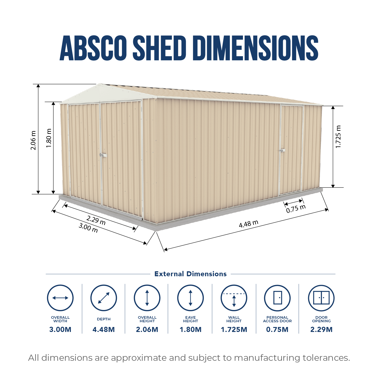 3.00mW x 4.48mD x 2.06mH Garden Shed Utility Double Door