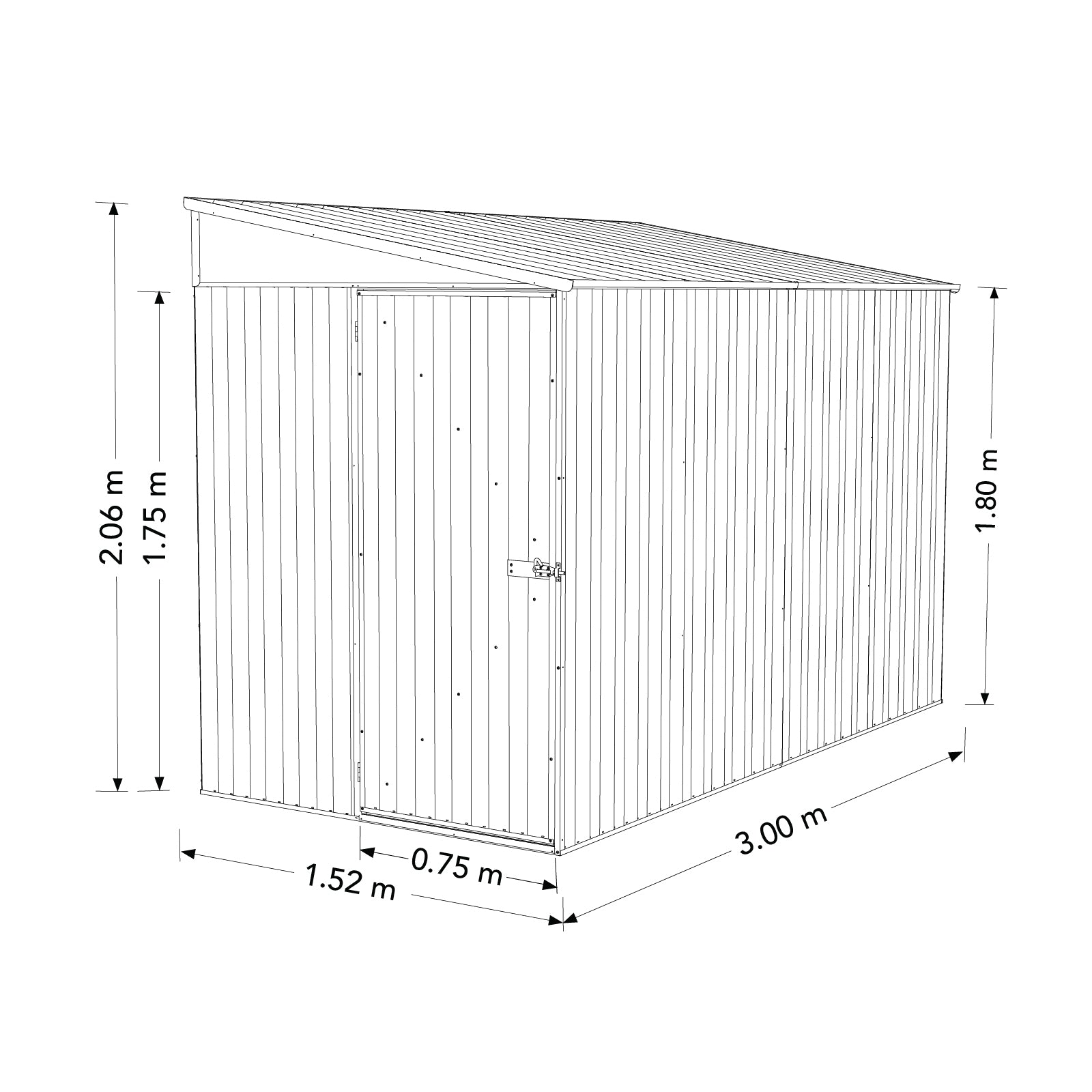 1.52mW x 3.00mD x 2.06mH Garden Shed Narrow Single Door with Anchors