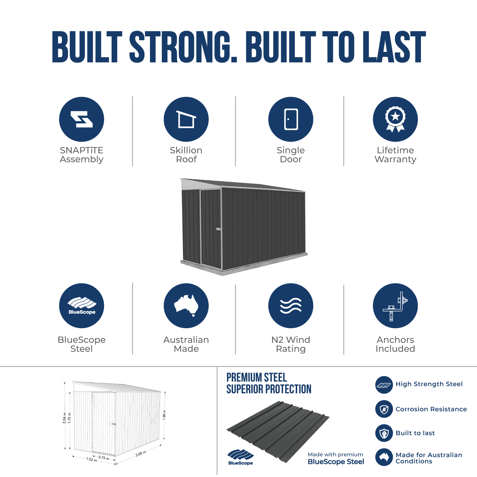 1.52mW x 3.00mD x 2.06mH Garden Shed Narrow Single Door with Anchors