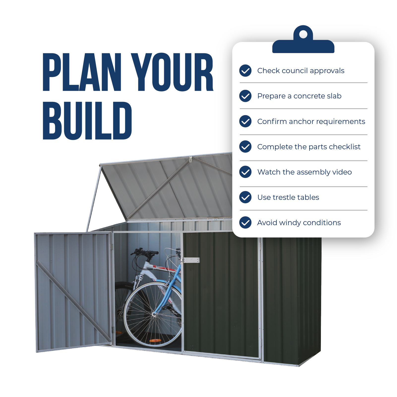 2.26mW x 0.78mD x 1.31mH Bike Shed Double Door with Anchors