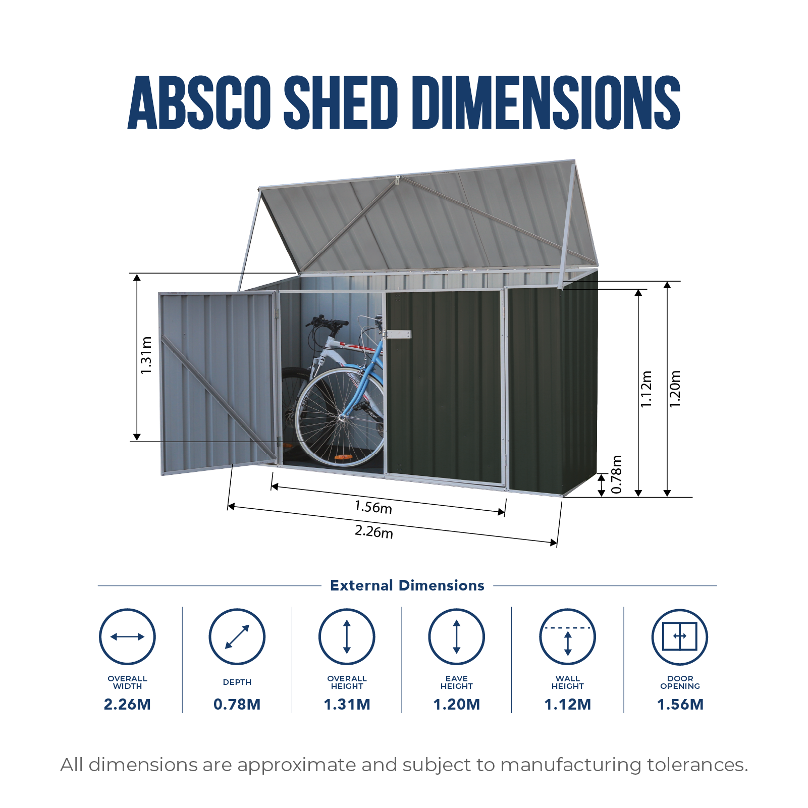 2.26mW x 0.78mD x 1.31mH Bike Shed Double Door with Anchors