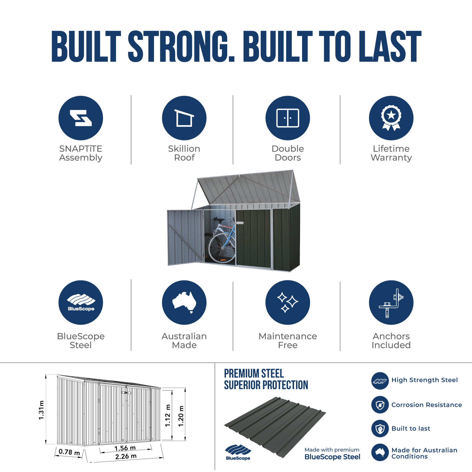 2.26mW x 0.78mD x 1.31mH Bike Shed Double Door with Anchors