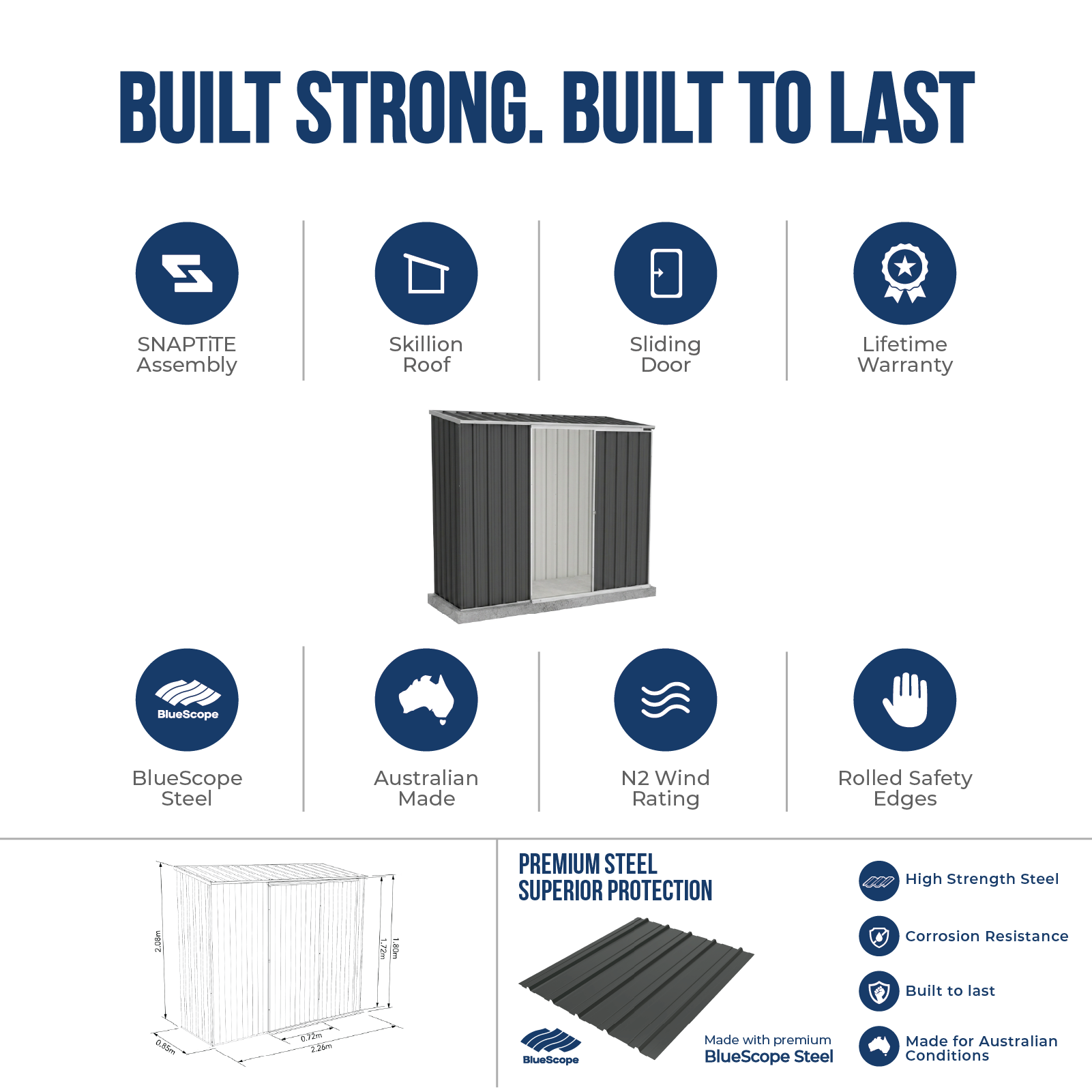 2.26mW x 0.78mD x 1.95mH Garden Shed Ezislider Single Door