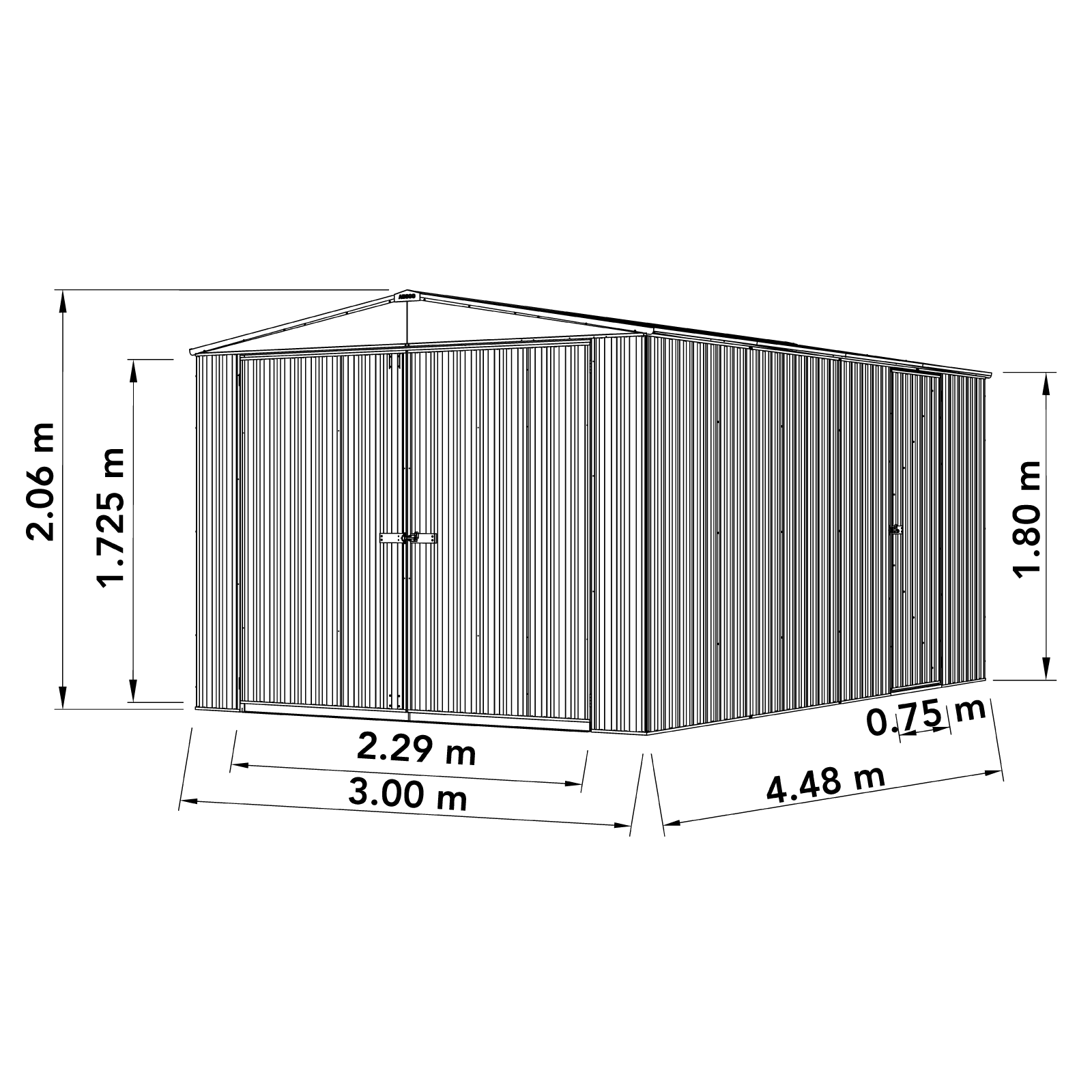 3.00mW x 4.48mD x 2.06mH Garden Shed Utility Double Door