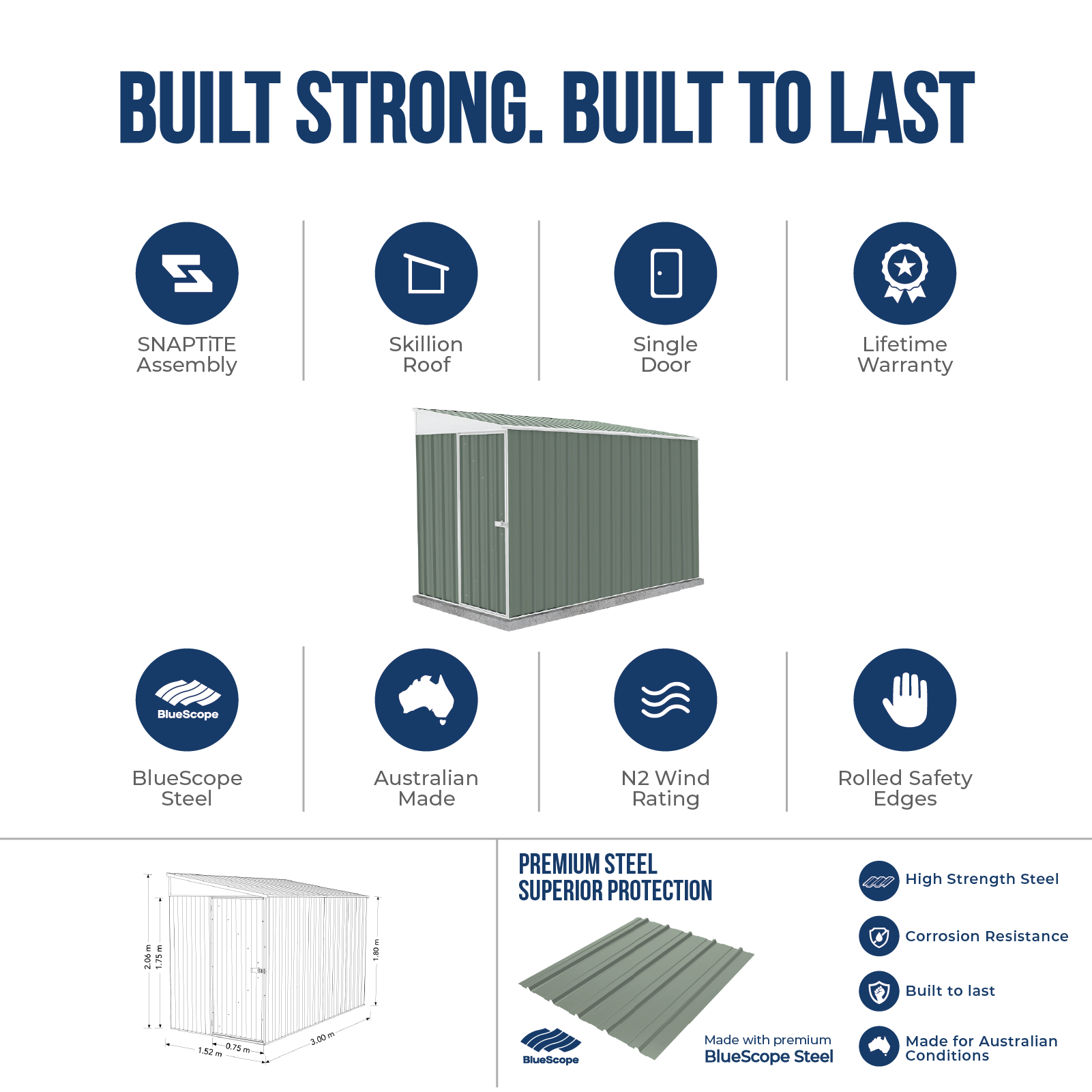 1.52mW x 3.00mD x 2.06mH Garden Shed Narrow Single Door