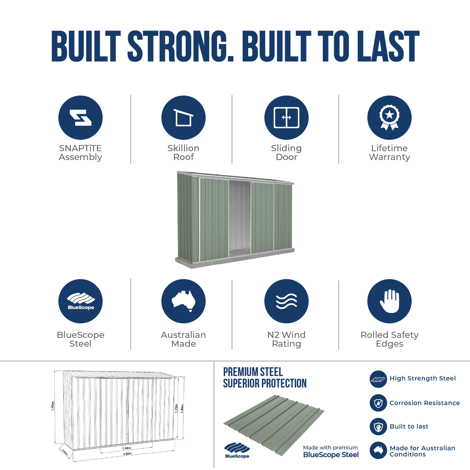 3.00mW x 0.78mD x 1.95mH Garden Shed Ezislider Double Door