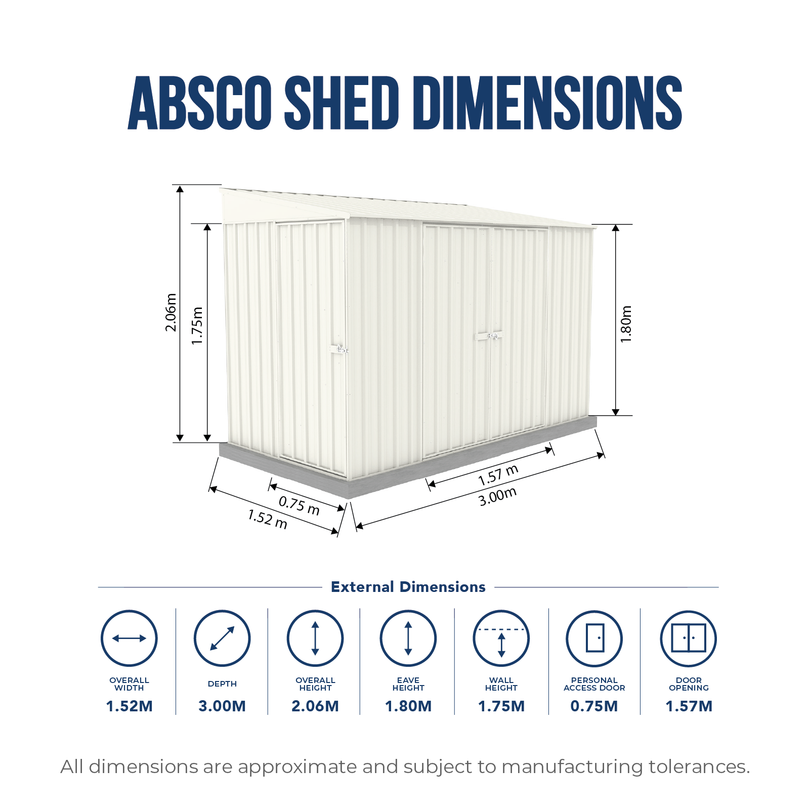 1.52mW x 3.00mD x 2.06mH Garden Shed Narrow Three Door