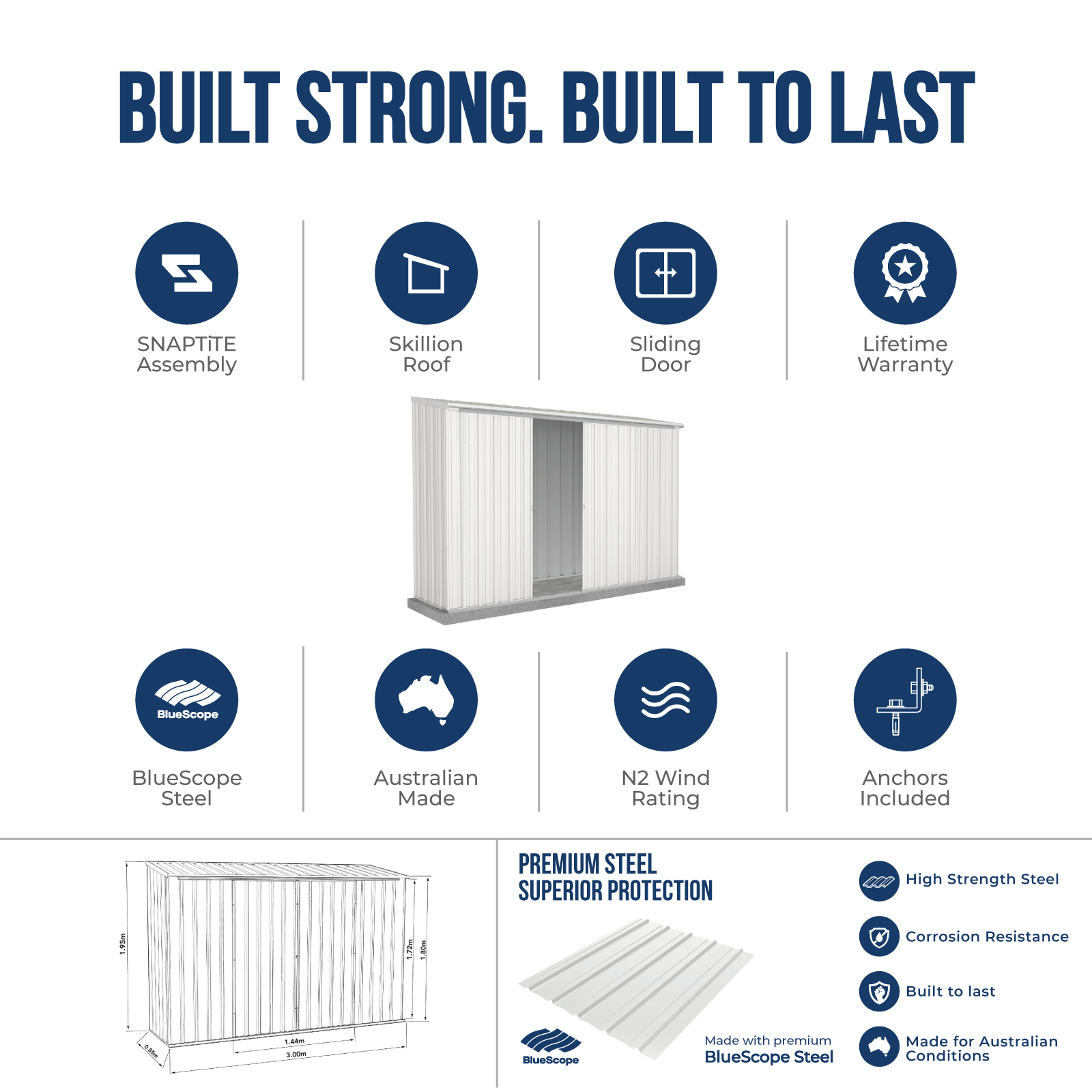 3.00mW x 0.78mD x 1.95mH Garden Shed Ezislider Double Door with Anchors