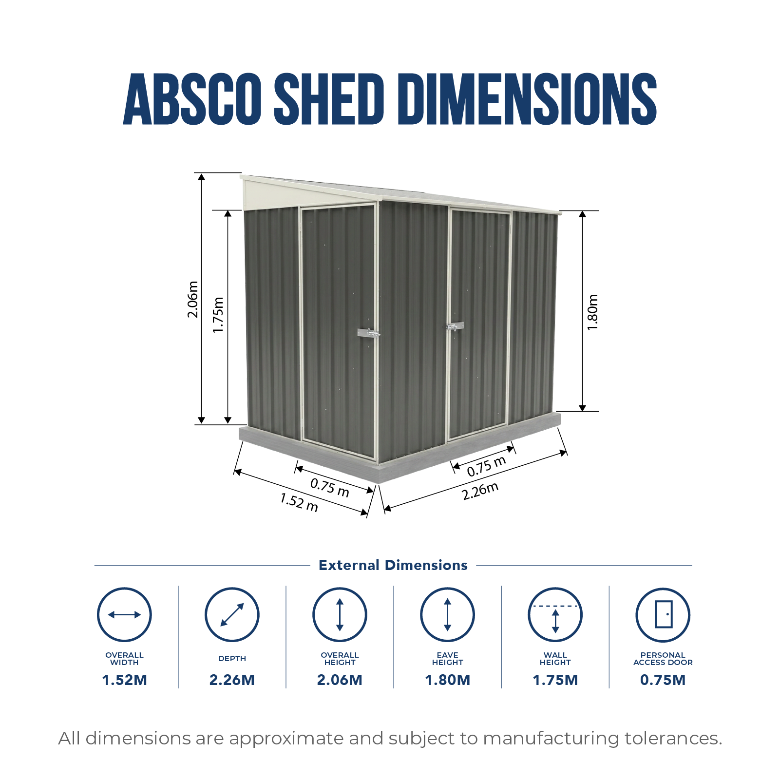 1.52mW x 2.26mD x 2.06mH Garden Shed Narrow Two Door