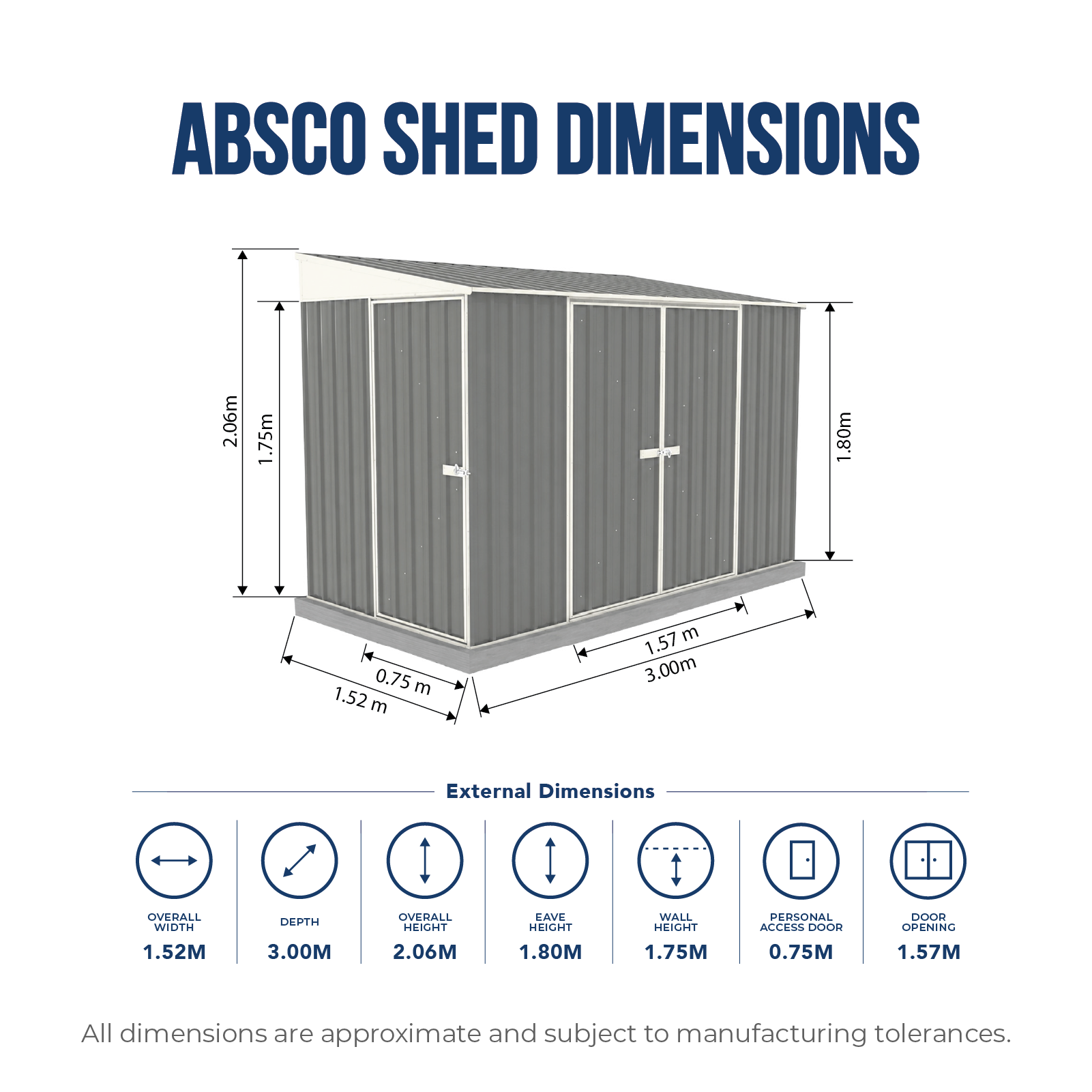 1.52mW x 3.00mD x 2.06mH Garden Shed Narrow Three Door