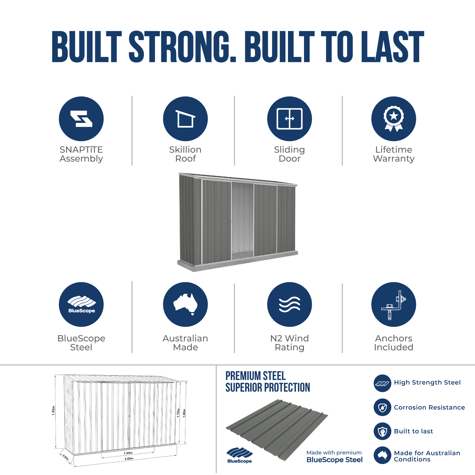 3.00mW x 0.78mD x 1.95mH Garden Shed Ezislider Double Door with Anchors