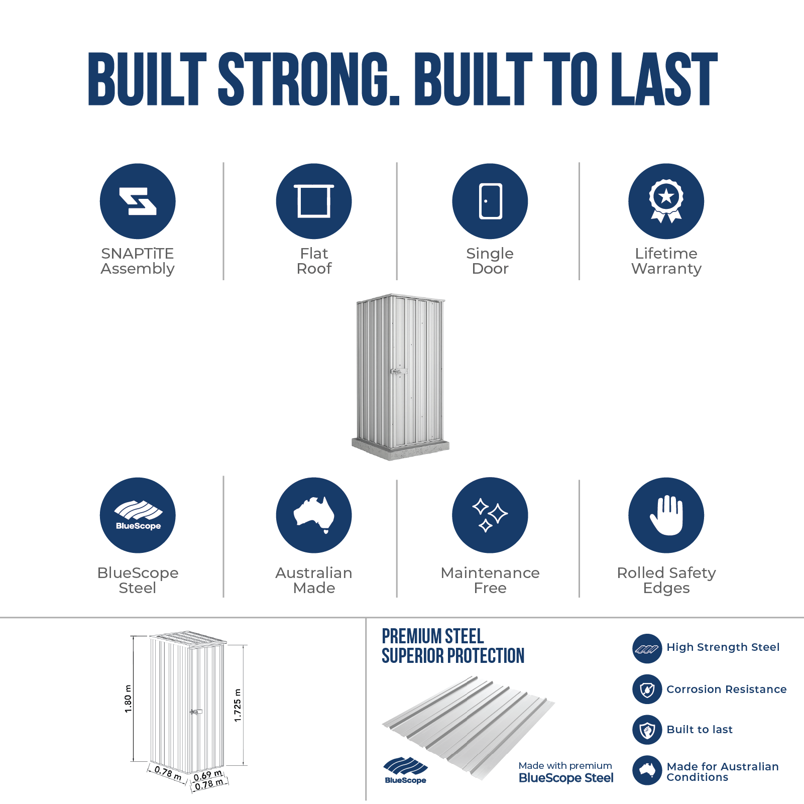 0.78mW x 0.78mD x 1.80mH Garden Shed Basic Single Door Zincalume