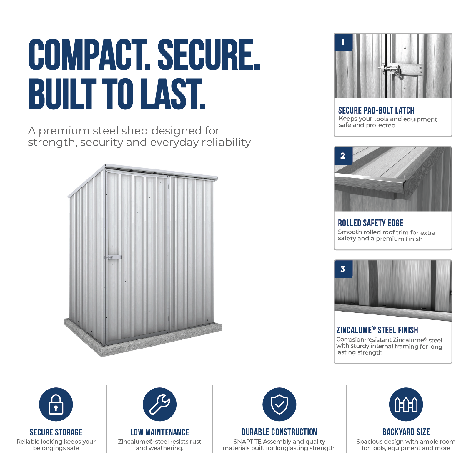 1.52mW x 0.78mD x 1.80mH Garden Shed Reverse Skillion Single Door Zincalume