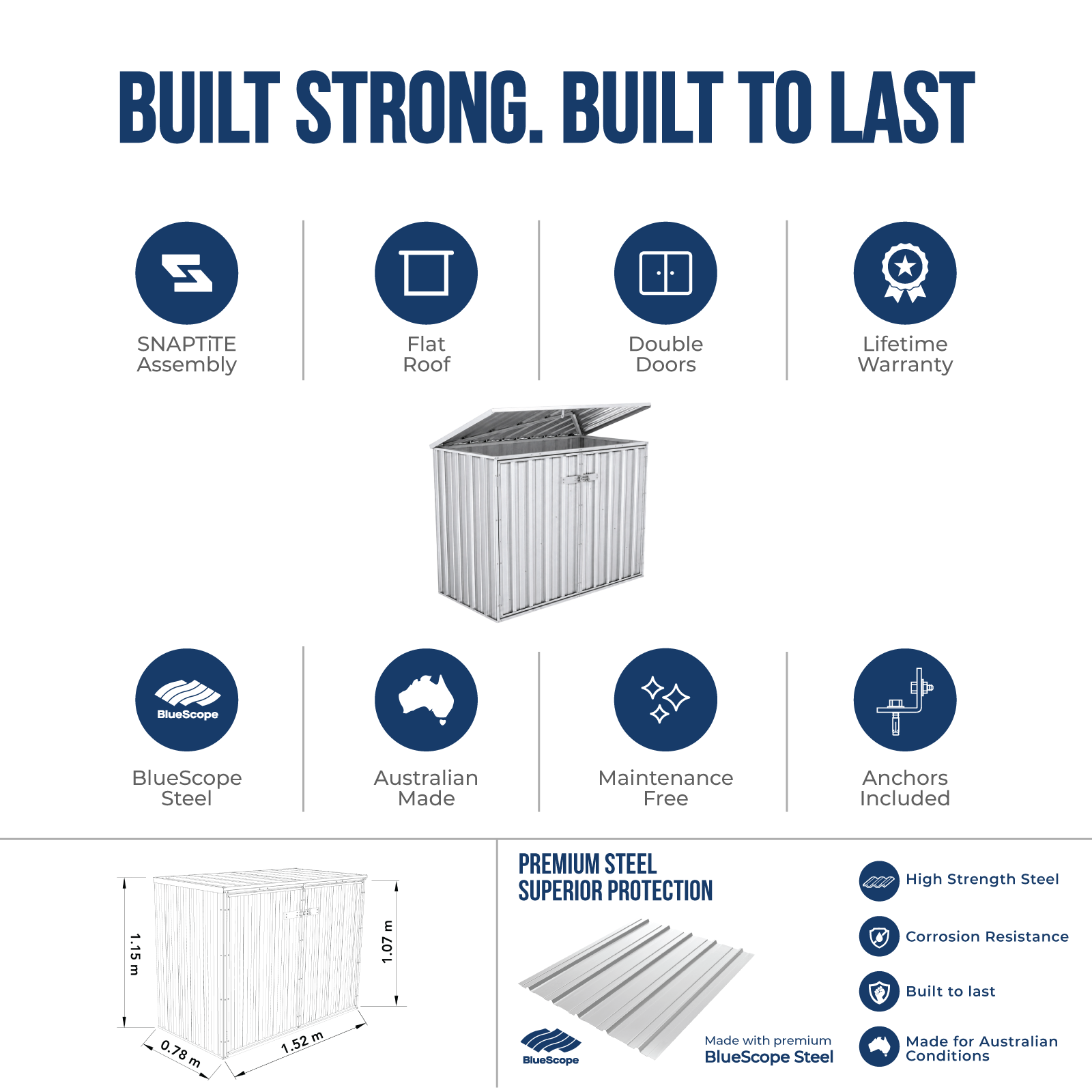 1.52mW x  0.78mD x 1.15mH Bin Cover Double Door Zincalume with Anchors