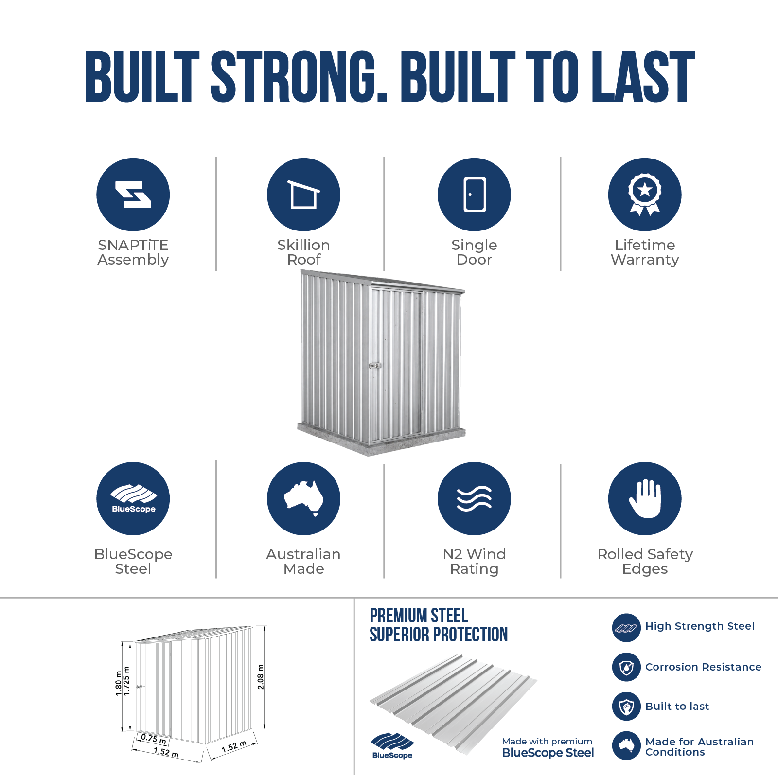 1.52mW x 1.52mD x 2.08mH Garden Shed Space Saver Single Door Zincalume