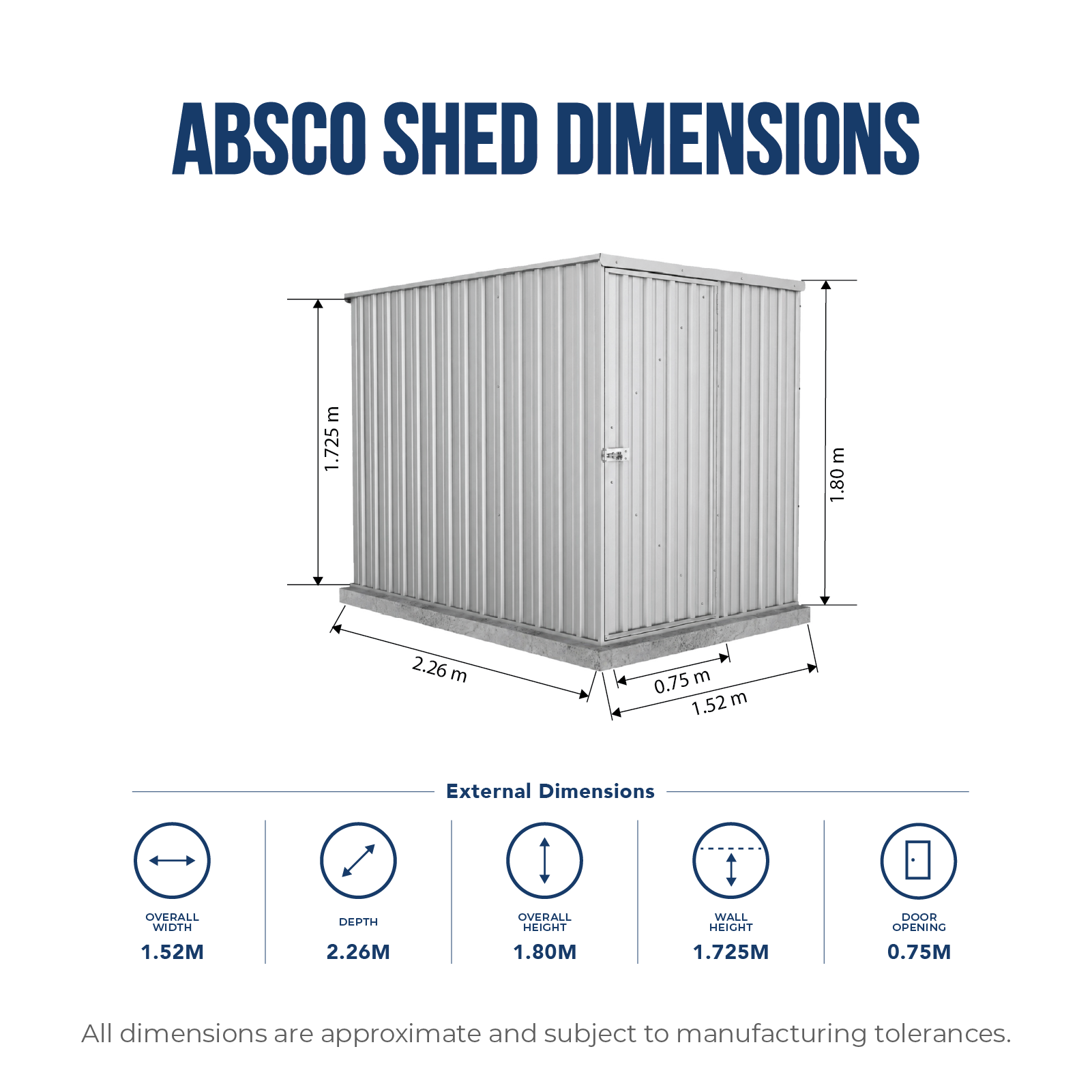 1.52mW x 2.26mD x 1.80mH Garden Shed Basic Single Door Zincalume