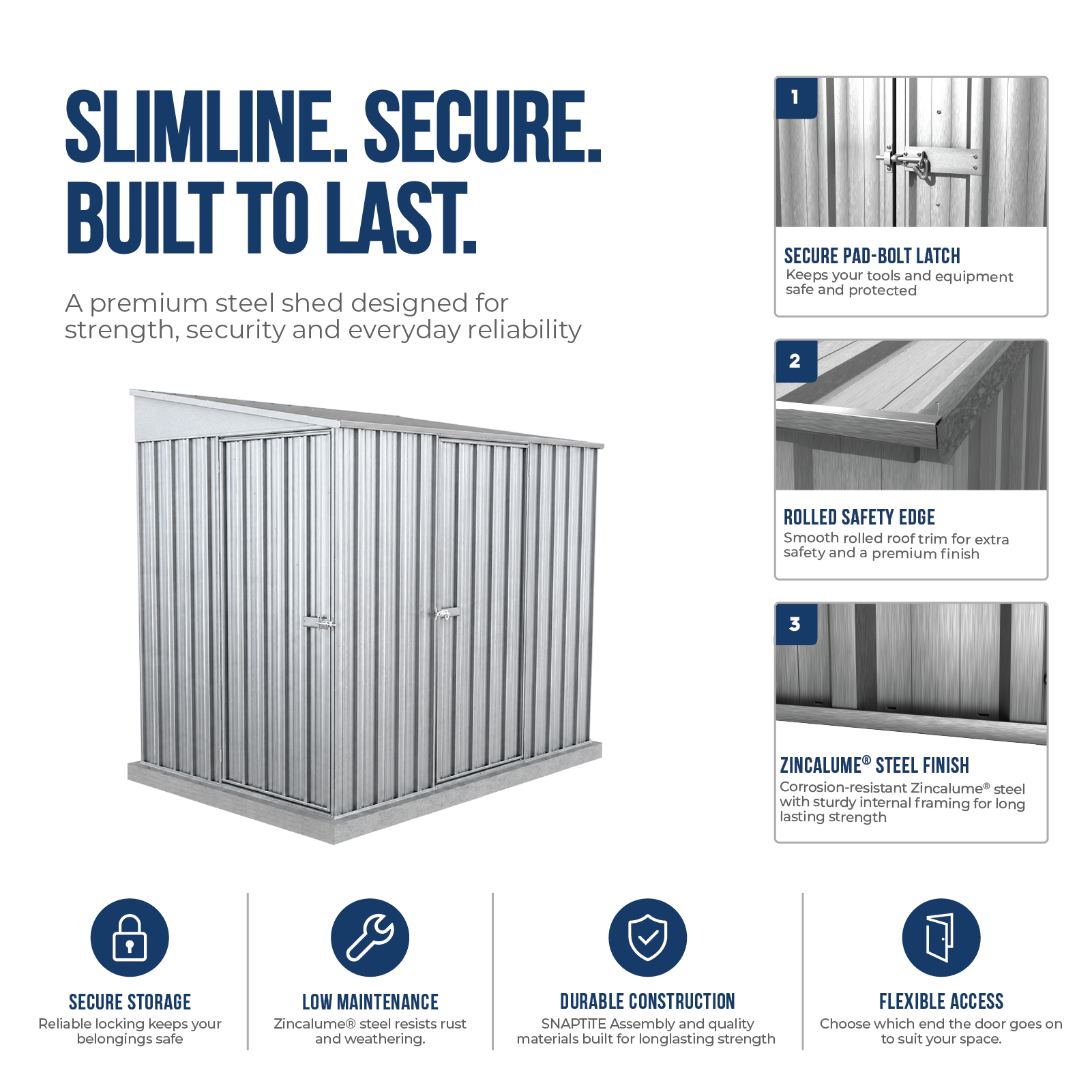 1.52mW x 2.26mD x 2.06mH Garden Shed Narrow Two Door Zincalume