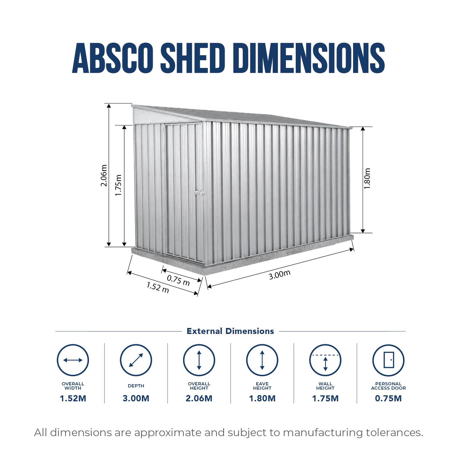 1.52mW x 3.00mD x 2.06mH Garden Shed Narrow Single Door Zincalume