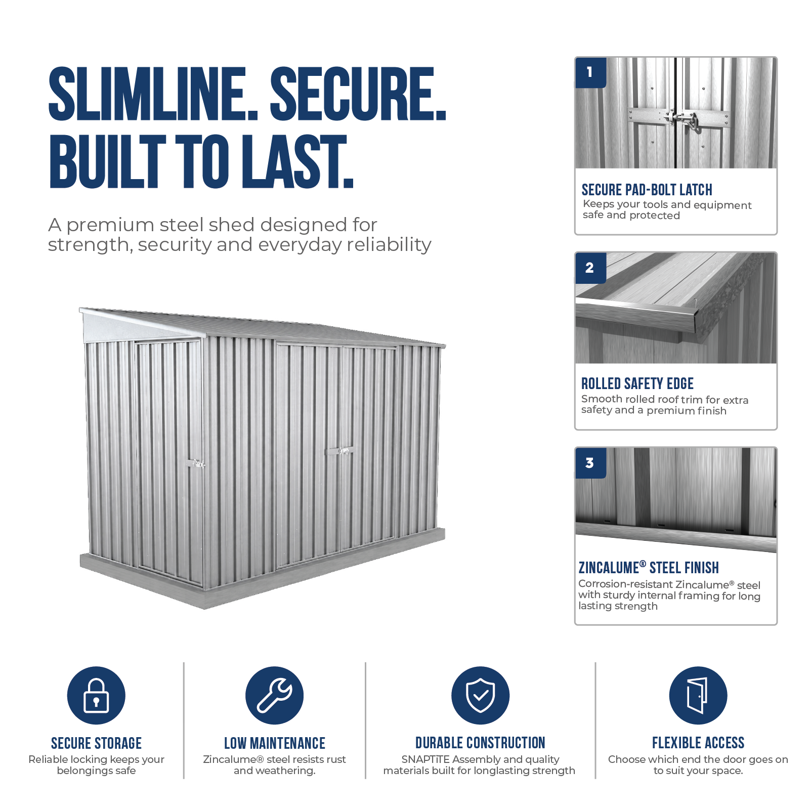 1.52mW x 3.00mD x 2.06mH Garden Shed Narrow Three Door Zincalume