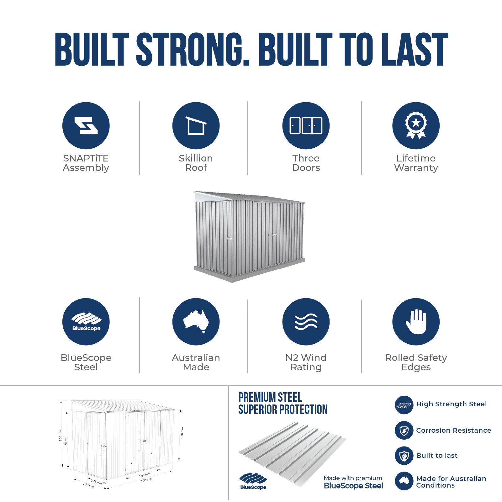 1.52mW x 3.00mD x 2.06mH Garden Shed Narrow Three Door Zincalume