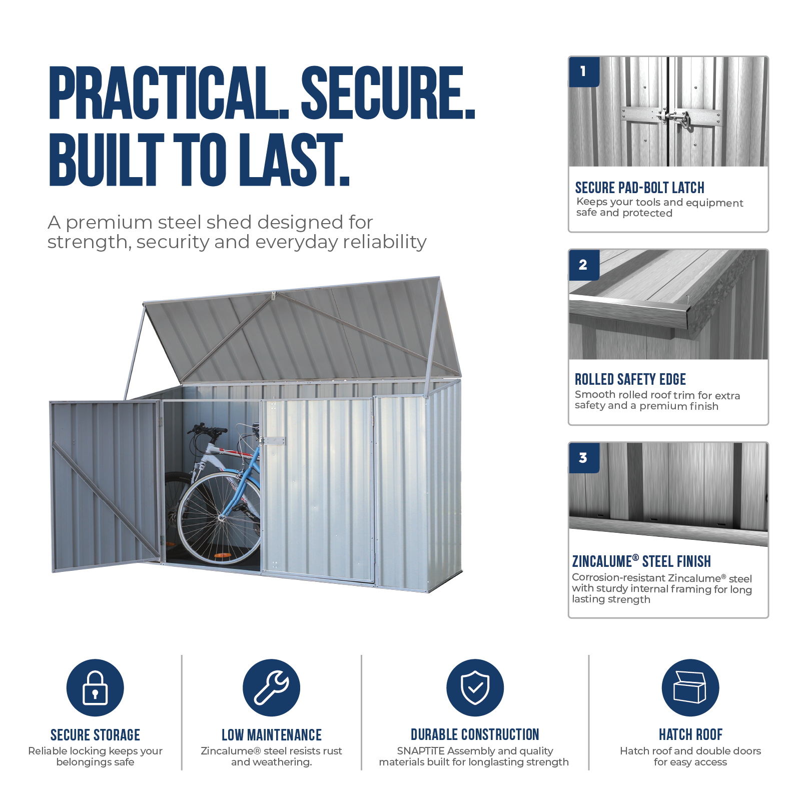2.26mW x 0.78mD x 1.31mH Bike Shed Double Door Zincalume