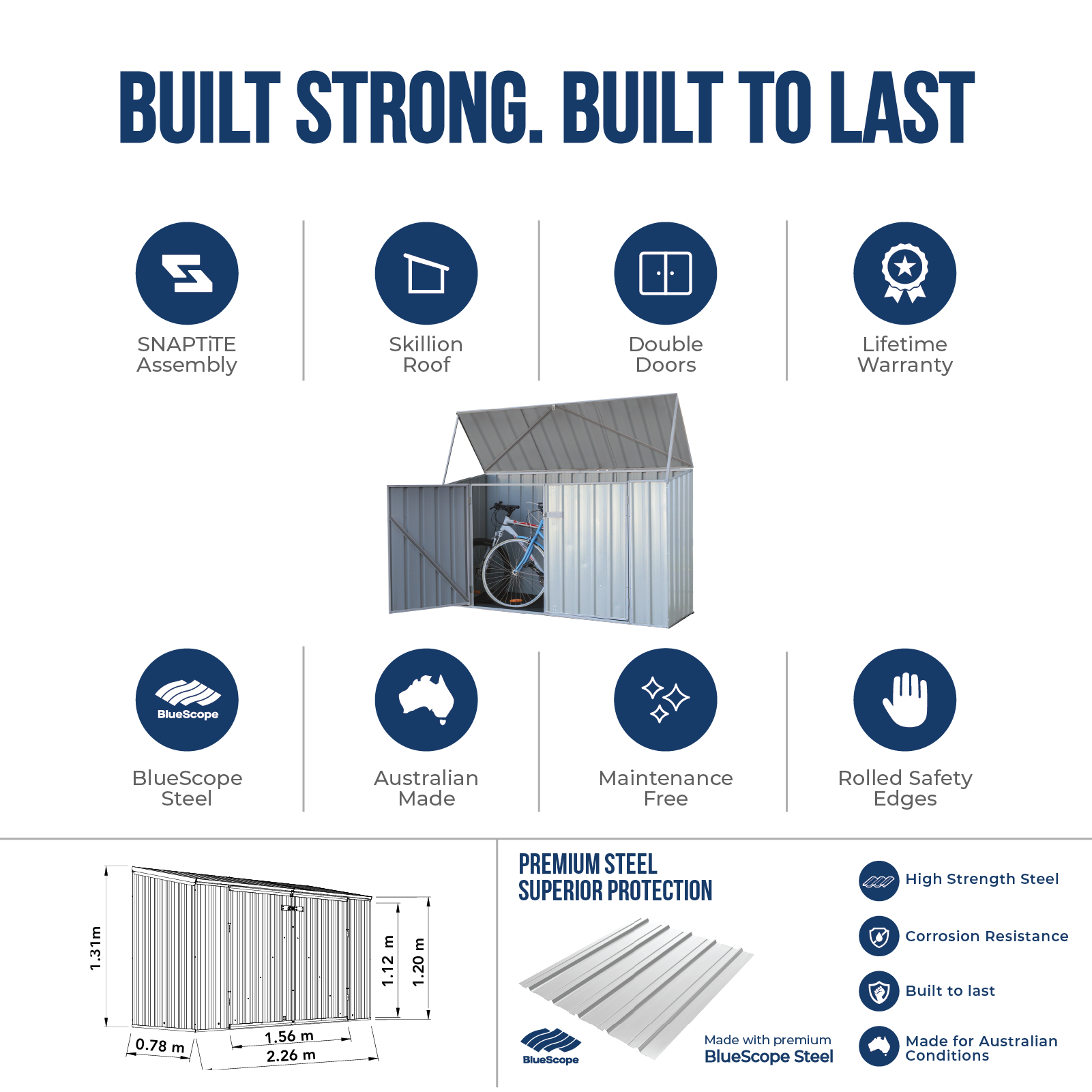 2.26mW x 0.78mD x 1.31mH Bike Shed Double Door Zincalume