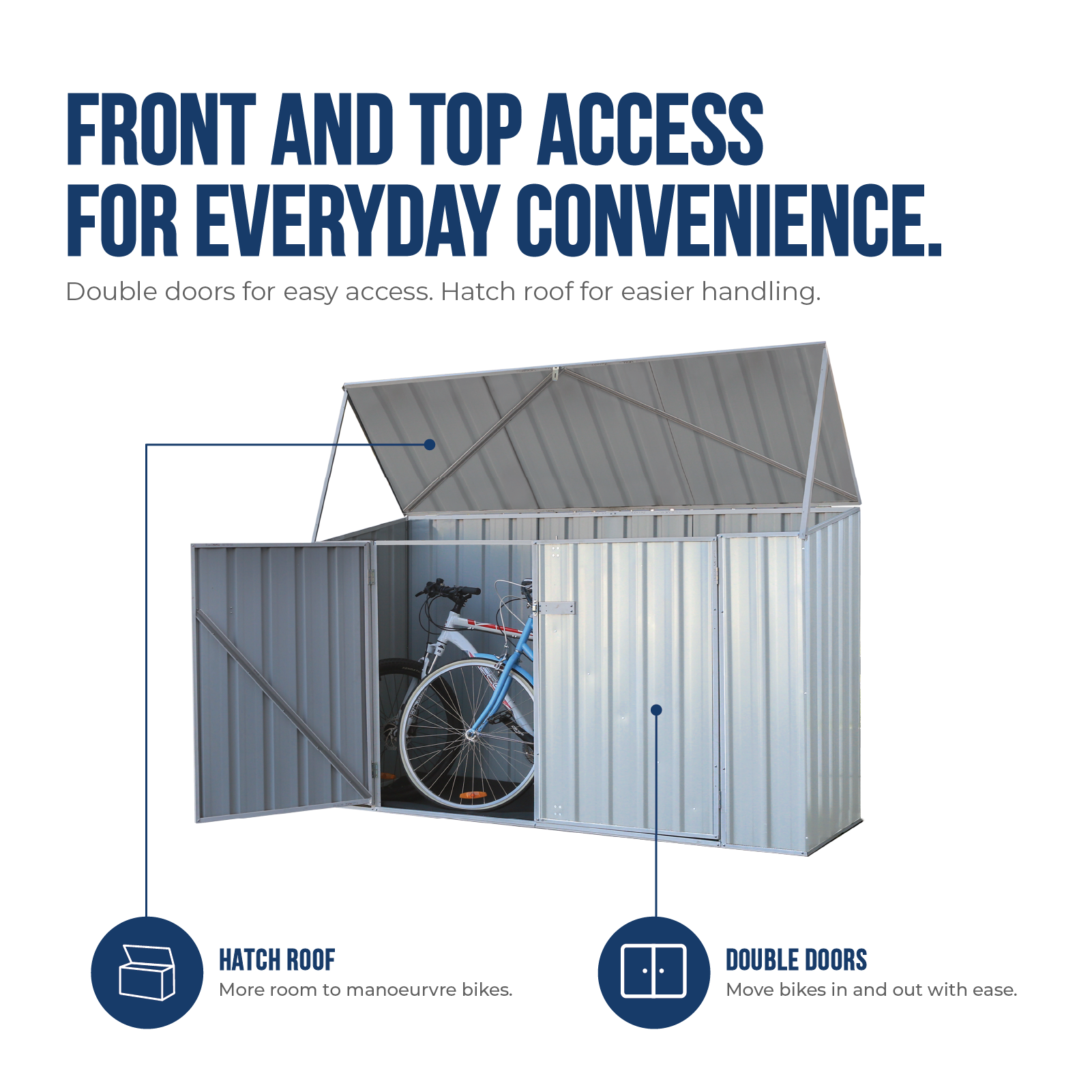 2.26mW x 0.78mD x 1.31mH Bike Shed Double Door Zincalume