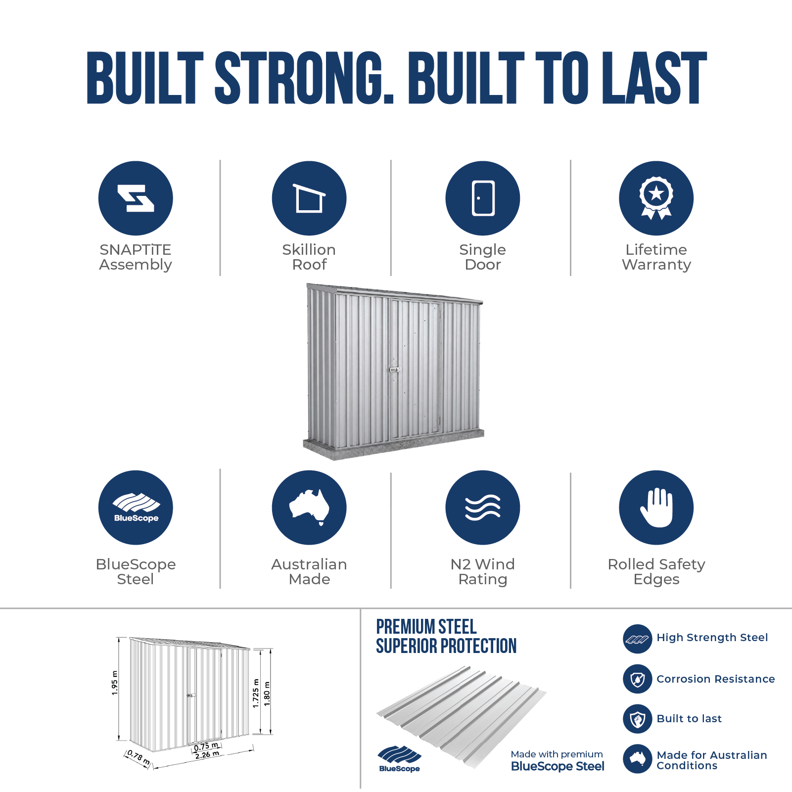 2.26mW x 0.78mD x 1.95mH Garden Shed Space Saver Single Door Zincalume