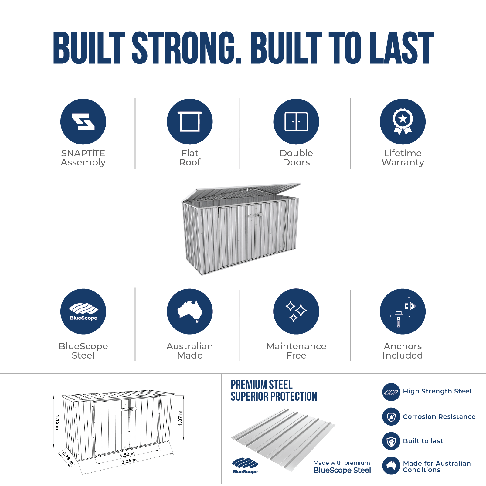 2.26mW x 0.78mD x 1.15mH Bin Cover Double Door Zincalume