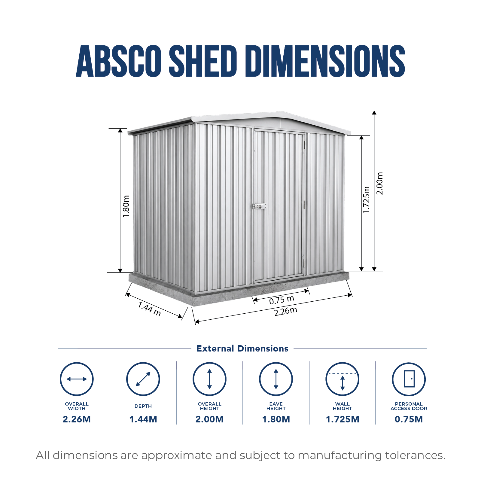 2.26mW x 1.44mD x 2.00mH Garden Shed Regent Single Door Zincalume