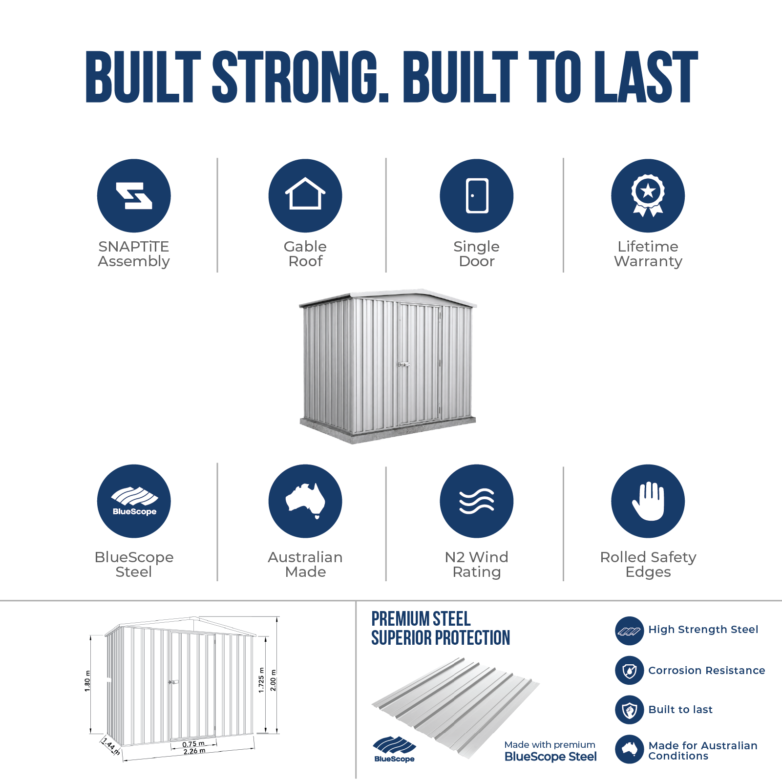2.26mW x 1.44mD x 2.00mH Garden Shed Regent Single Door Zincalume