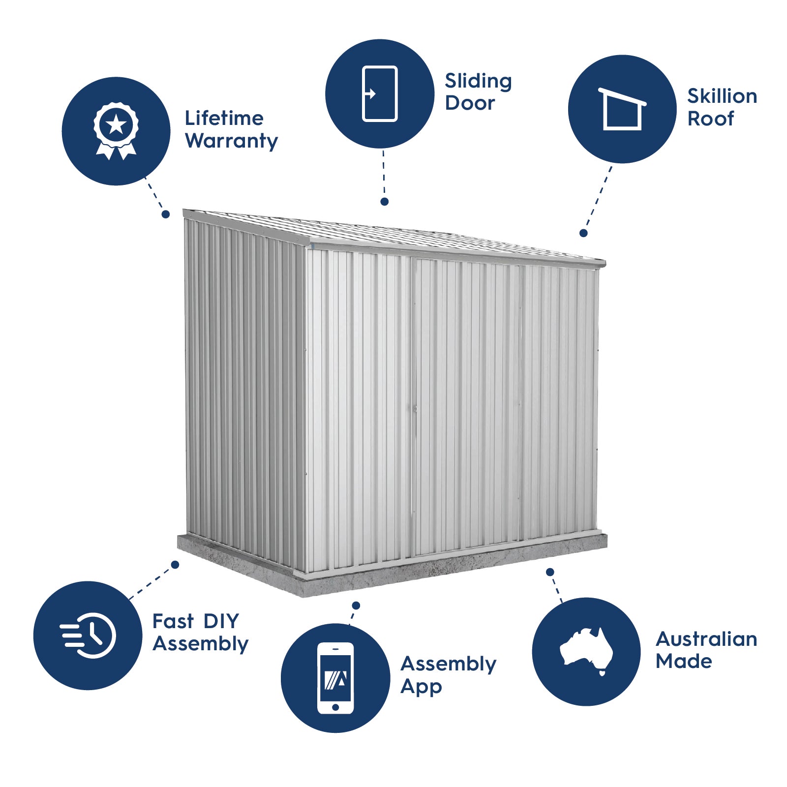 Absco Sheds 2.26 x 1.52 x 2.08m Ezislider Shed Single Door Zincalume