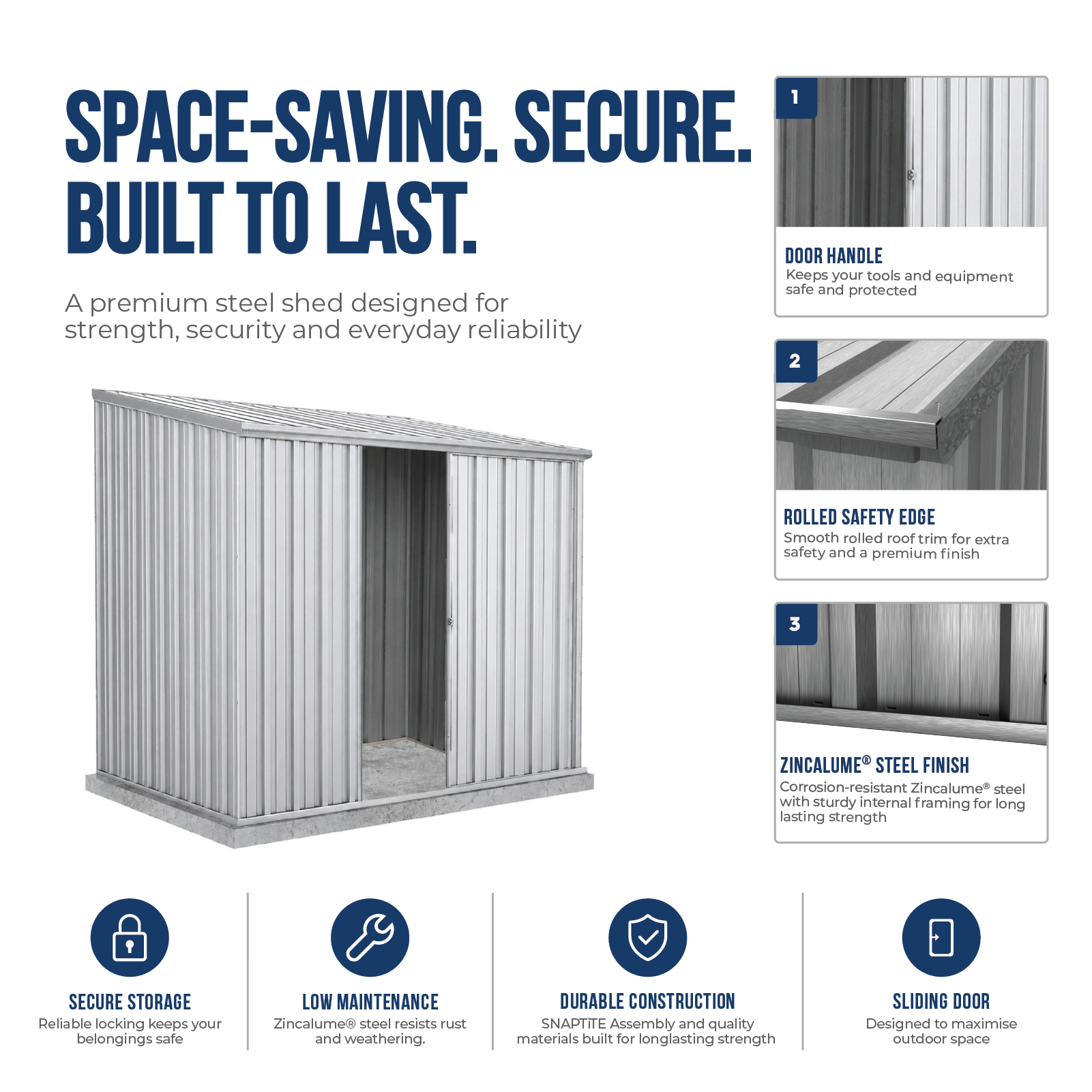 2.26mW x 1.52mD x 2.08mH Garden Shed Ezislider Single Door Zincalume
