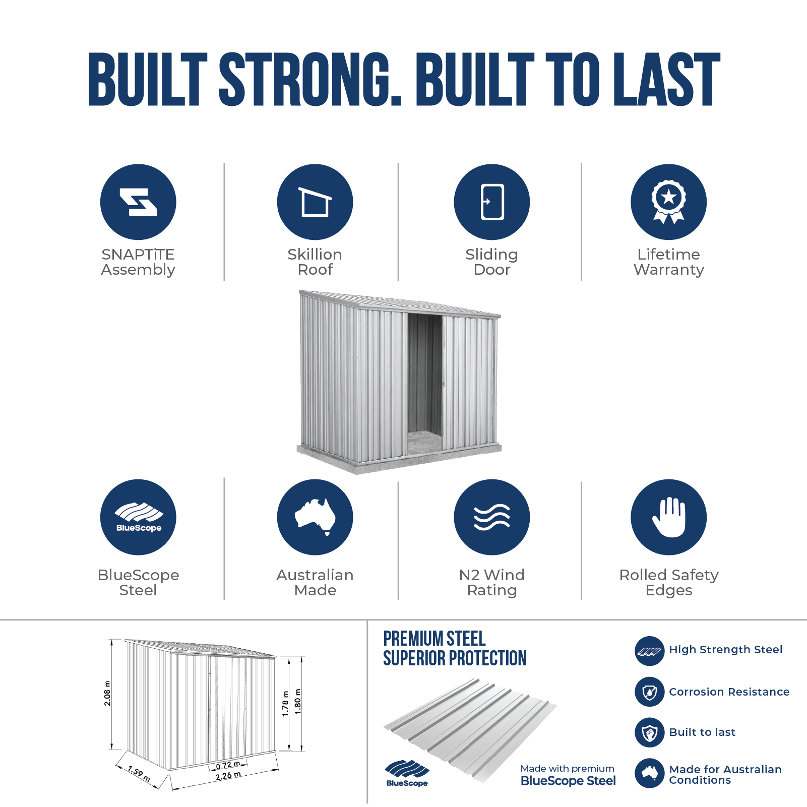 2.26mW x 1.52mD x 2.08mH Garden Shed Ezislider Single Door Zincalume