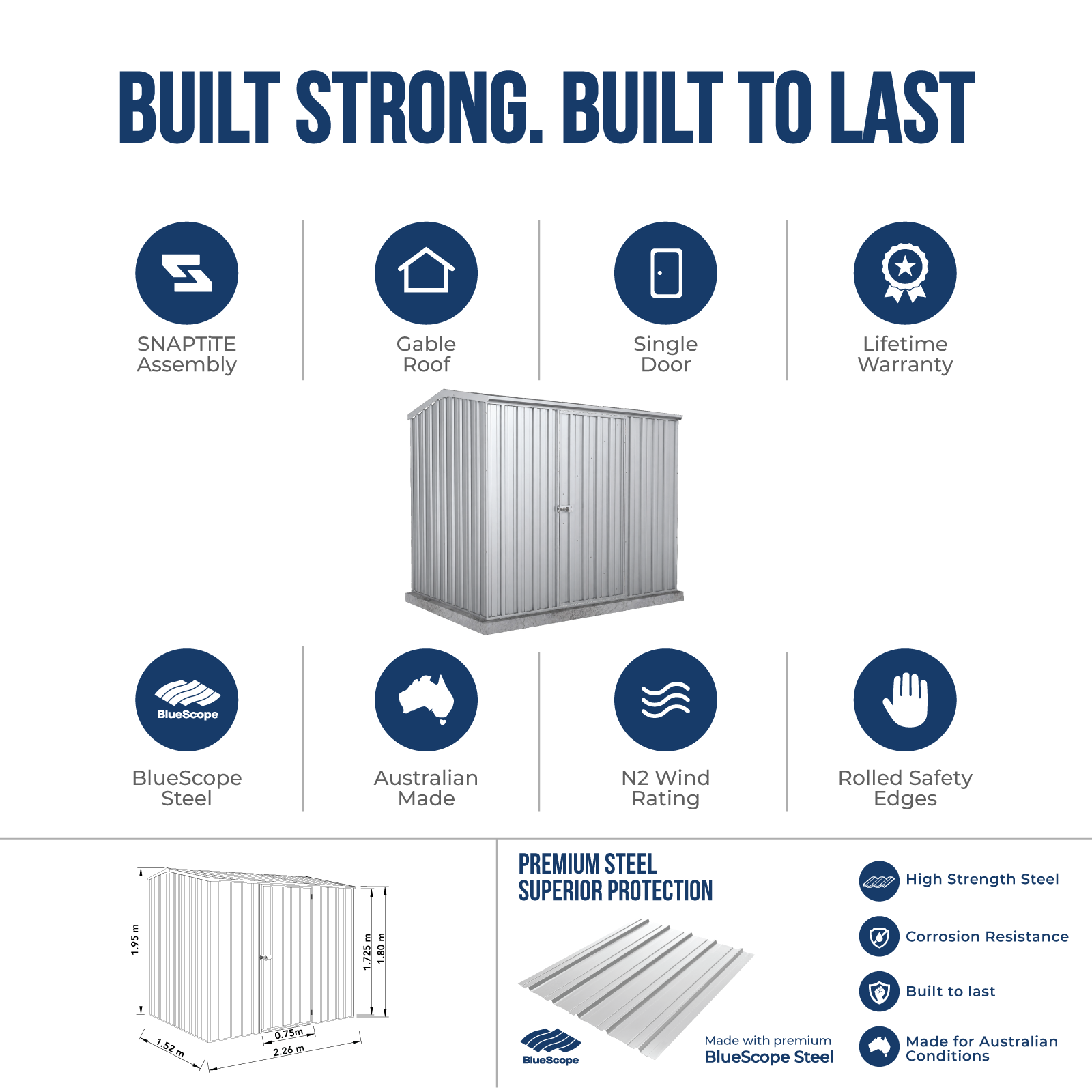 2.26mW x 1.52mD x 1.95mH Garden Shed Premier Single Door Zincalume