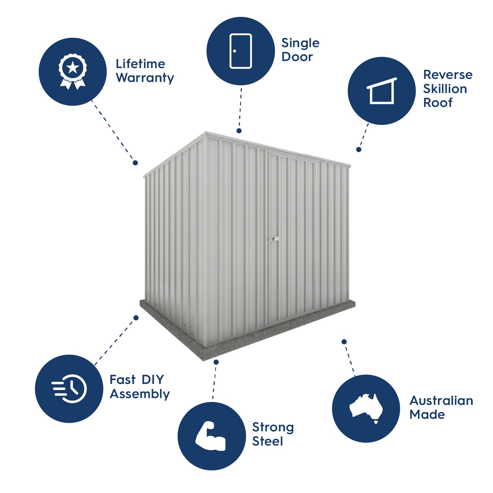 2.26mW x 1.52mD x 1.80mH Garden Shed Reverse Skillion Single Door Zincalume