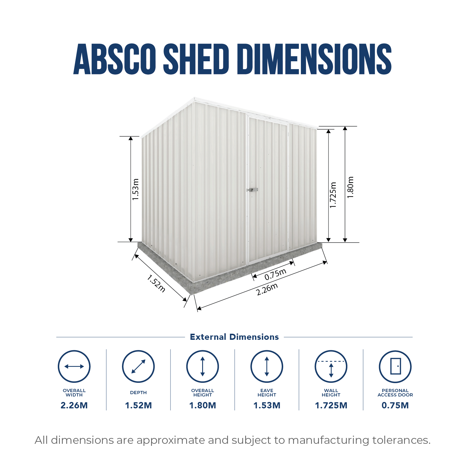 2.26mW x 1.52mD x 1.80mH Garden Shed Reverse Skillion Single Door Zincalume