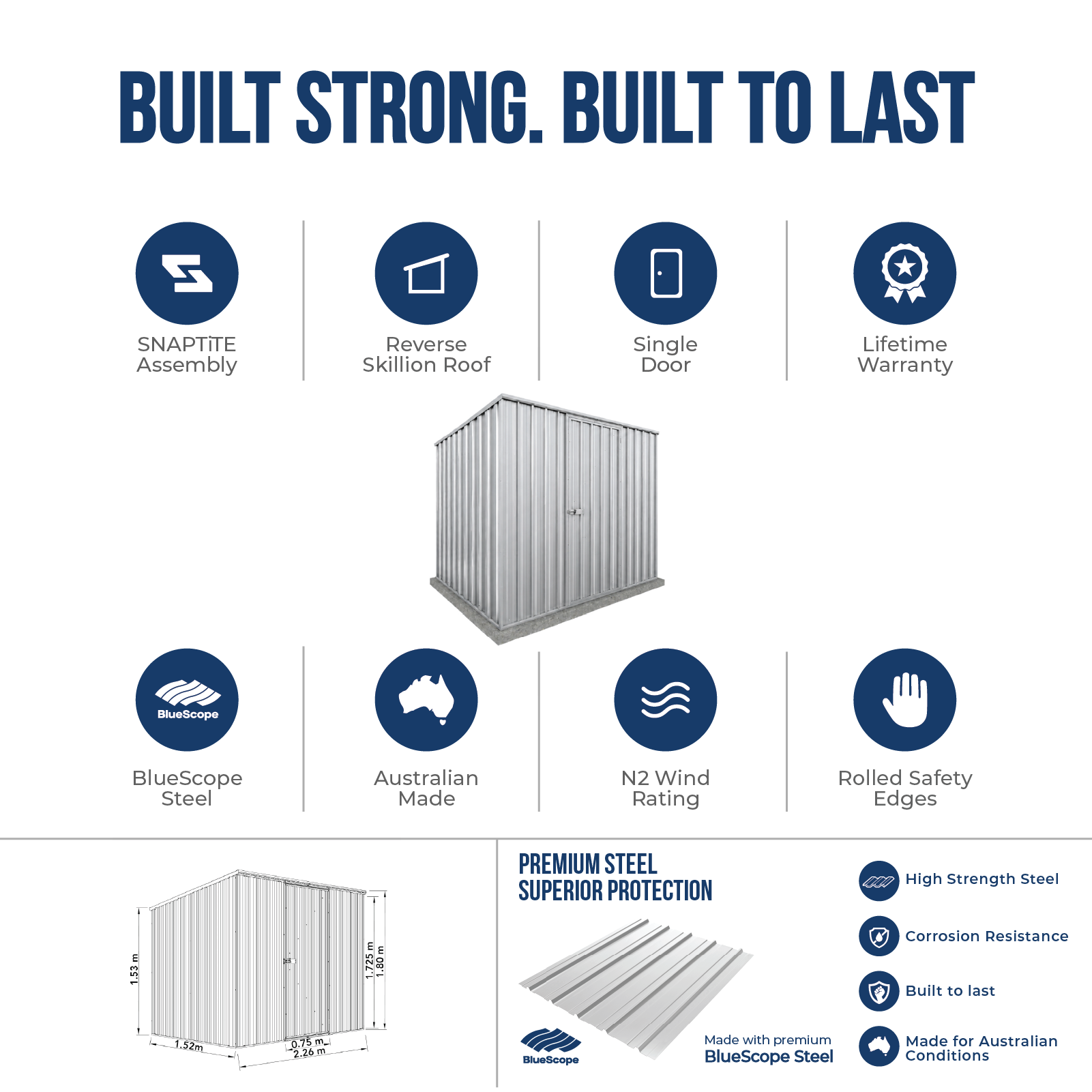 2.26mW x 1.52mD x 1.80mH Garden Shed Reverse Skillion Single Door Zincalume