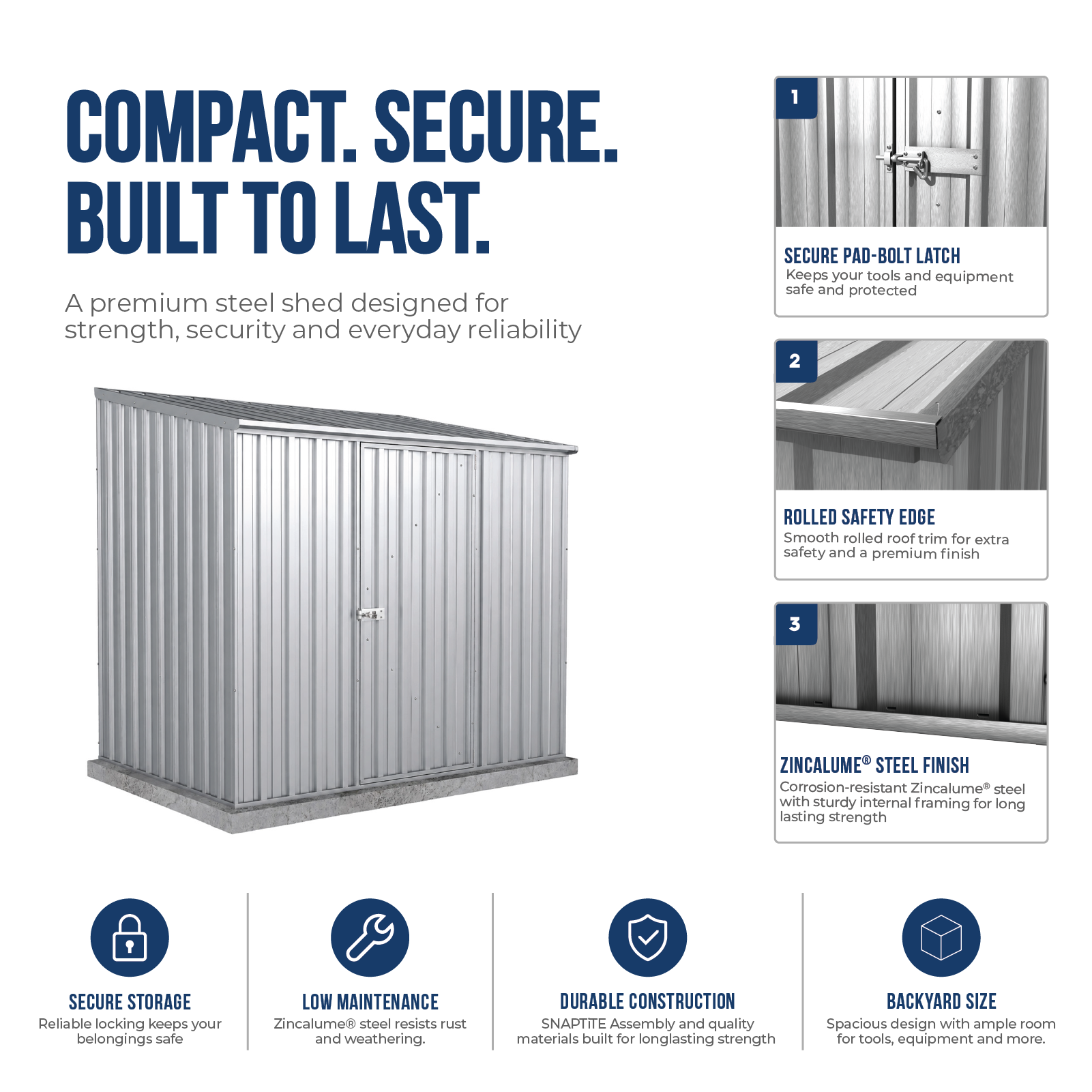 2.26mW x 1.52mD x 2.08mH Garden Shed Space Saver Single Door Zincalume