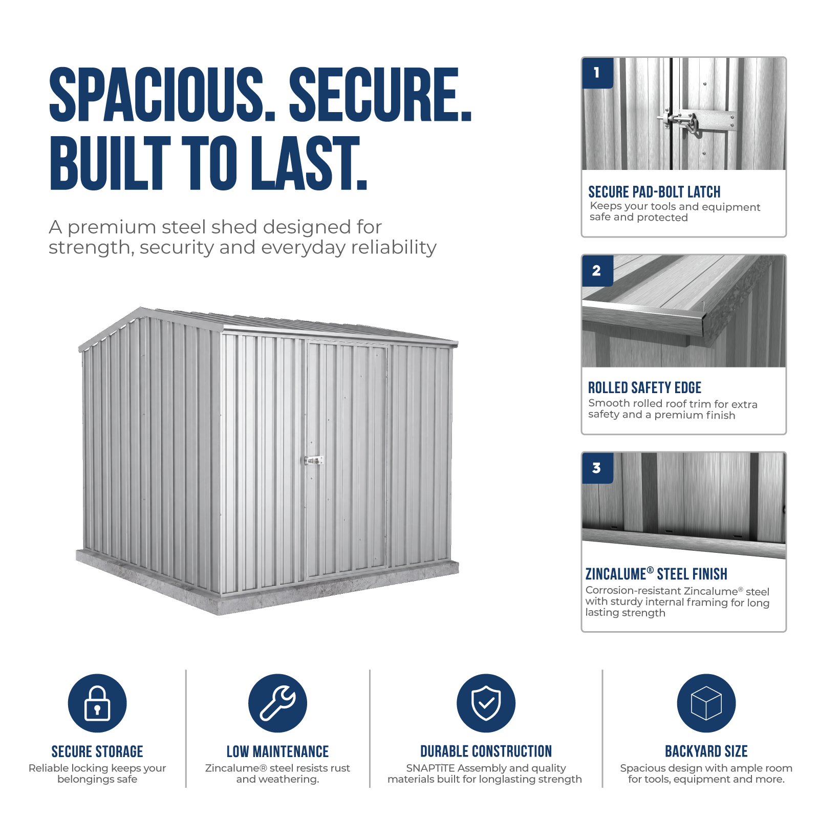2.26mW x 2.26mD x 2.00mH Garden Shed Premier Single Door Zincalume
