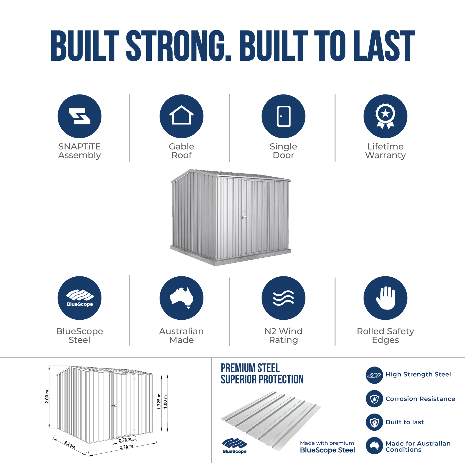 2.26mW x 2.26mD x 2.00mH Garden Shed Premier Single Door Zincalume