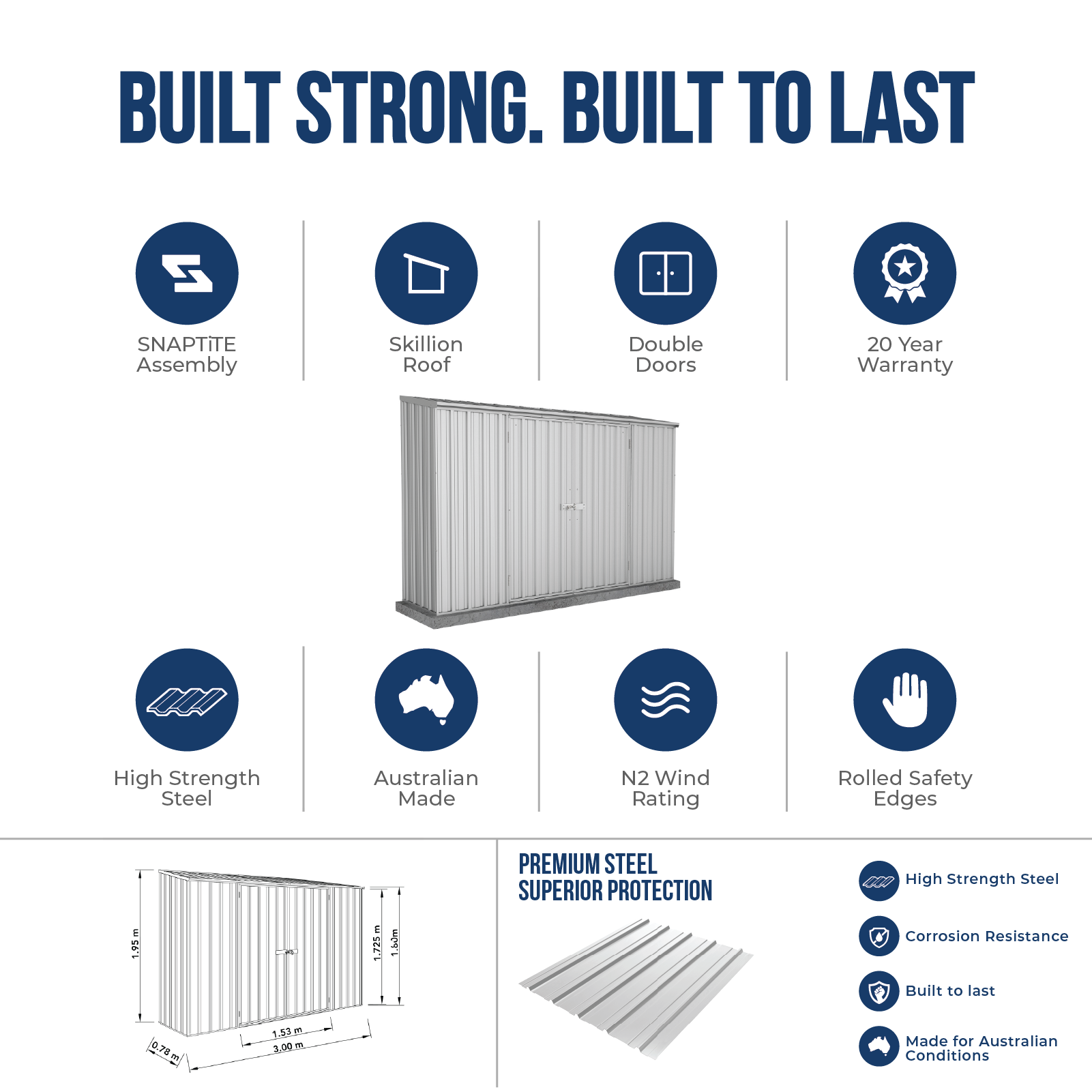 3.00mW x 0.78mD x 1.95mH Garden Shed Economy Double Door Zinc