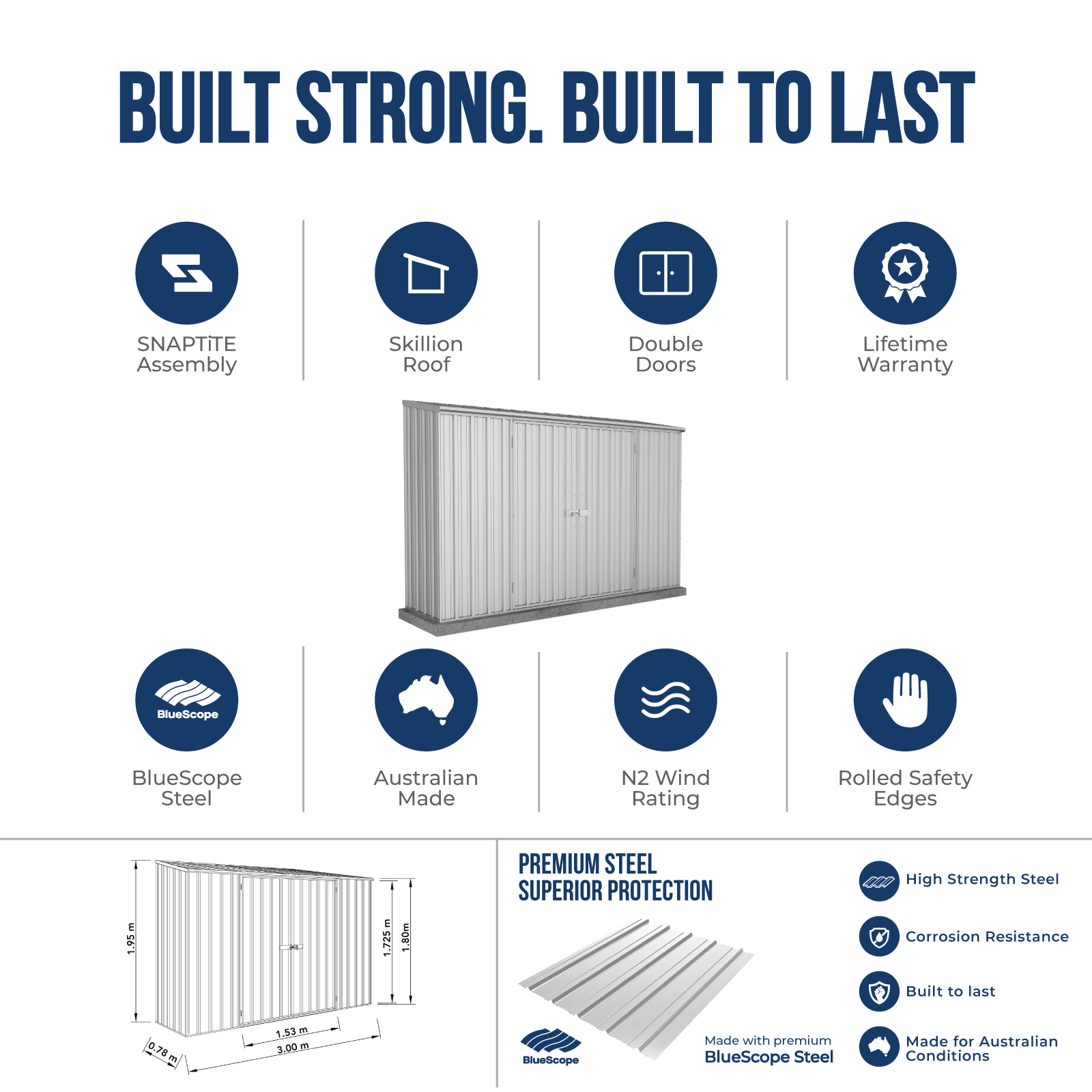 3.00mW x 0.78mD x 1.95mH Garden Shed Space Saver Double Door Zincalume