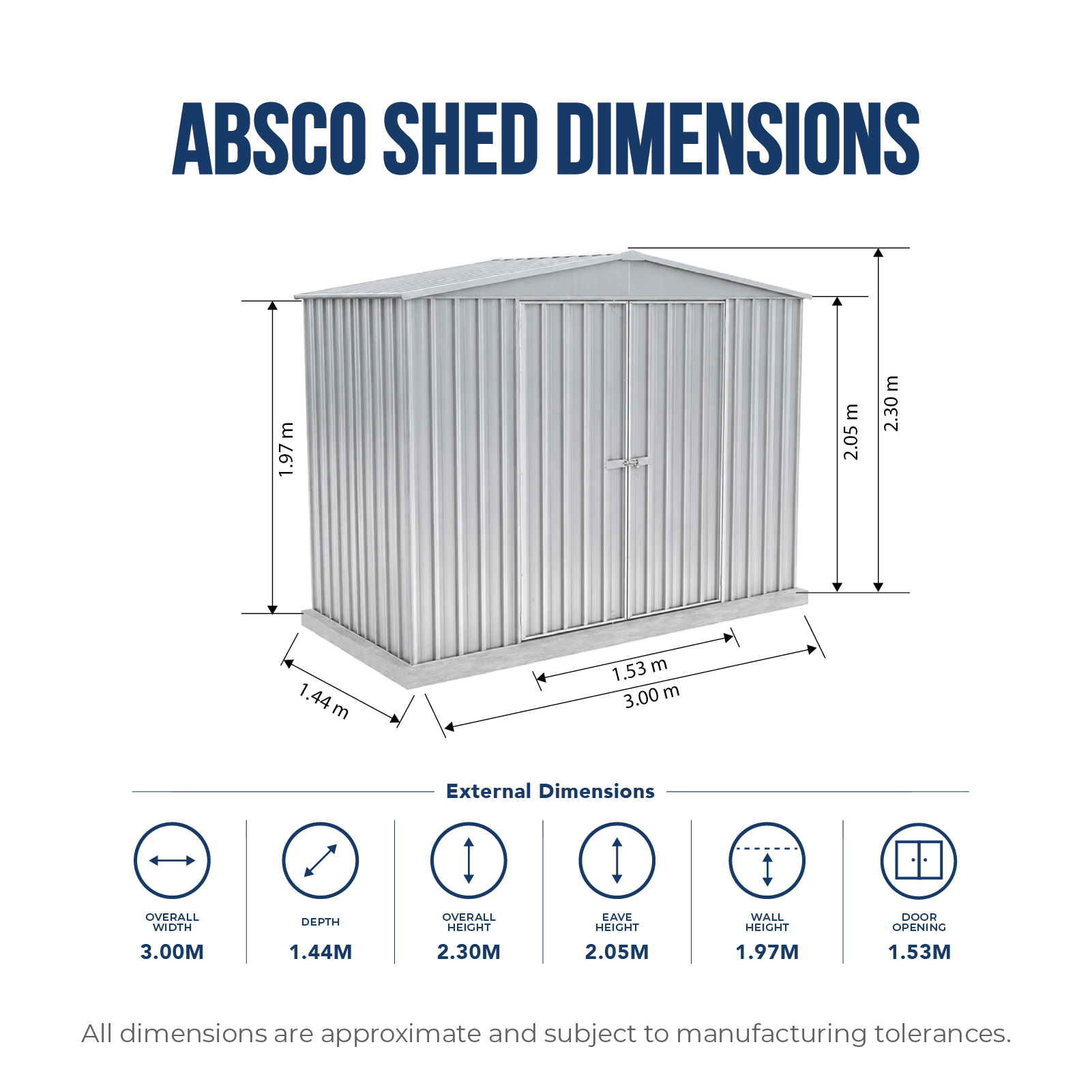 3.00mW x 1.44mD x 2.30mH Garden Shed Highlander Double Door Zincalume