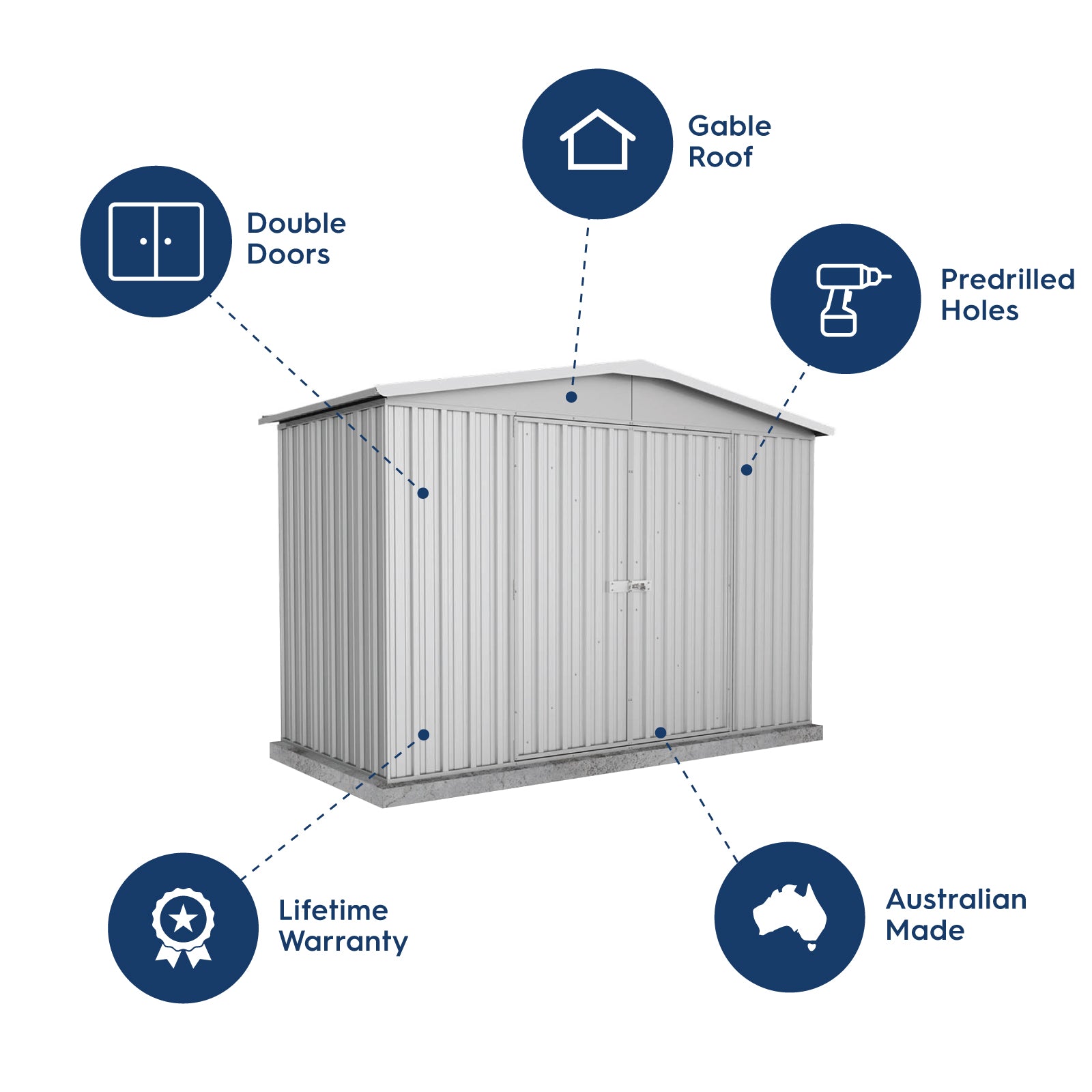 3.00mW x 1.44mD x 2.06mH Garden Shed Regent Double Door Zincalume