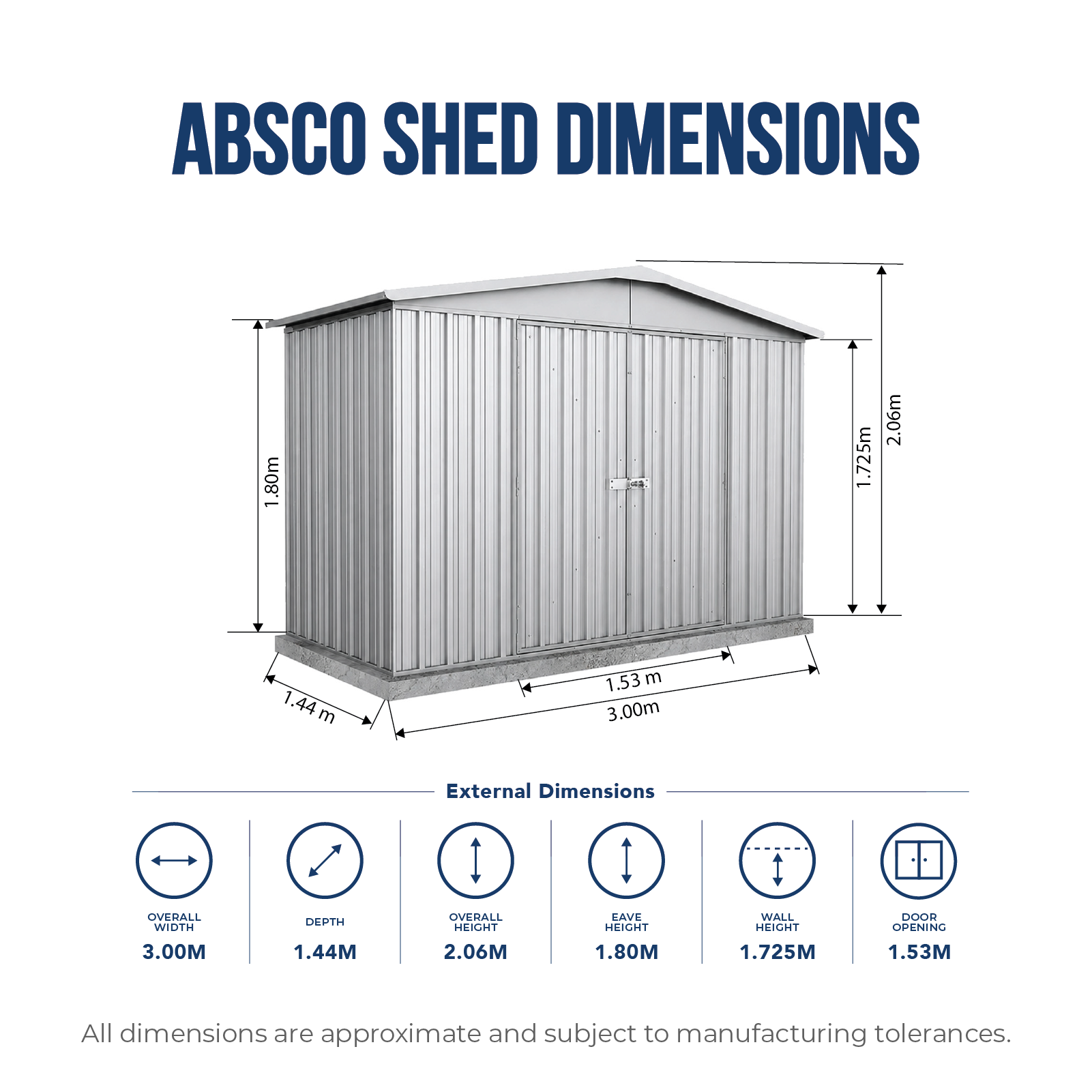 3.00mW x 1.44mD x 2.06mH Garden Shed Regent Double Door Zincalume