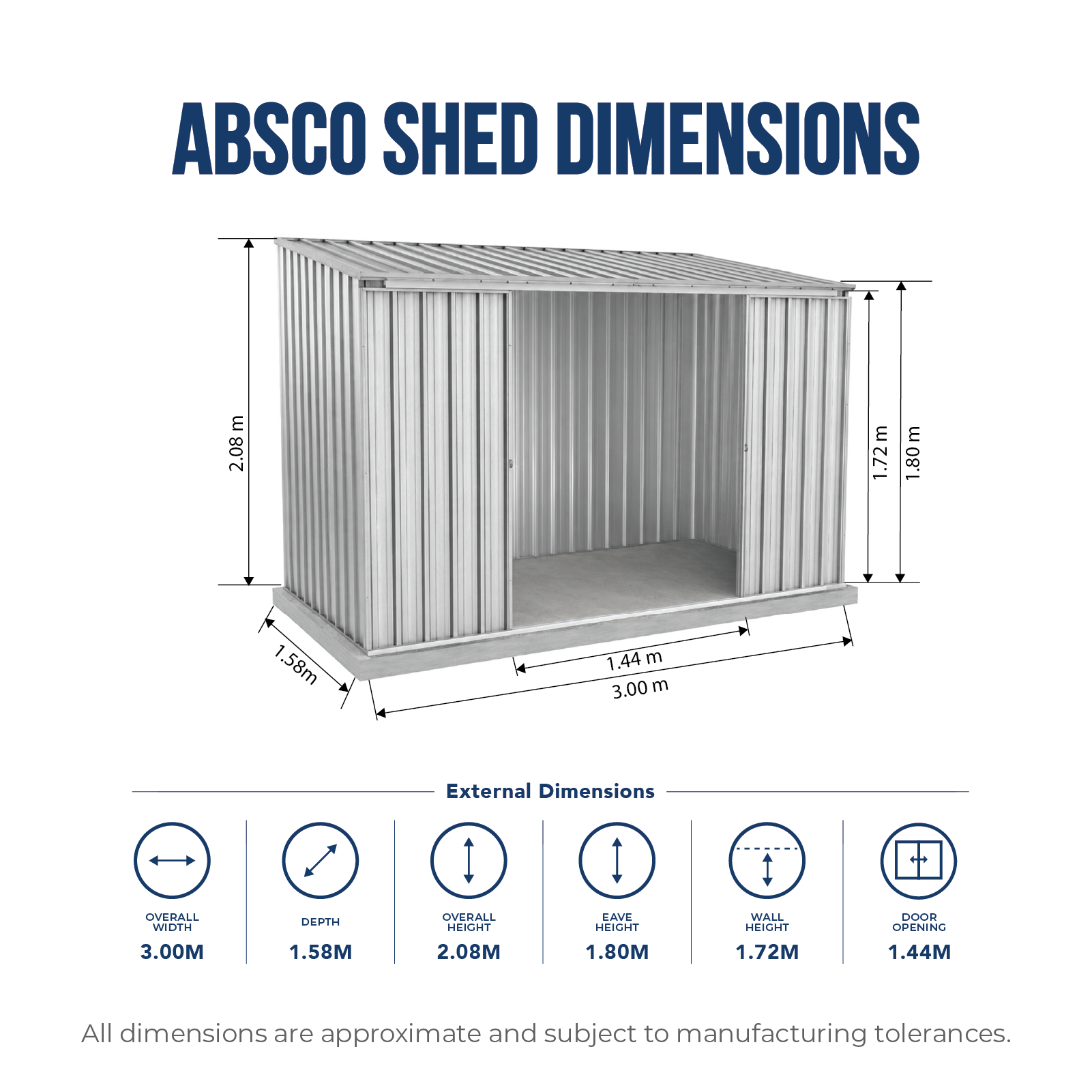 3.00mW x 1.52mD x 2.08mH Garden Shed Ezislider Double Door Zincalume