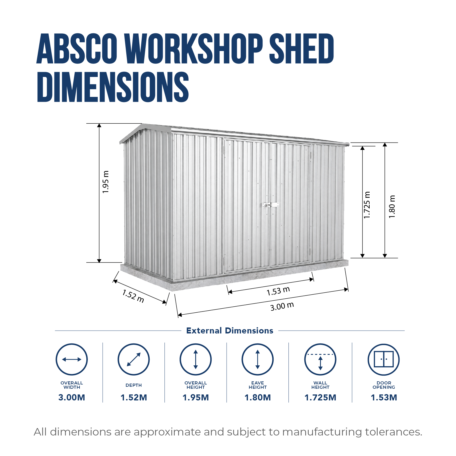 3.00mW x 1.52mD x 1.95mH Garden Shed Premier Double Door Zincalume