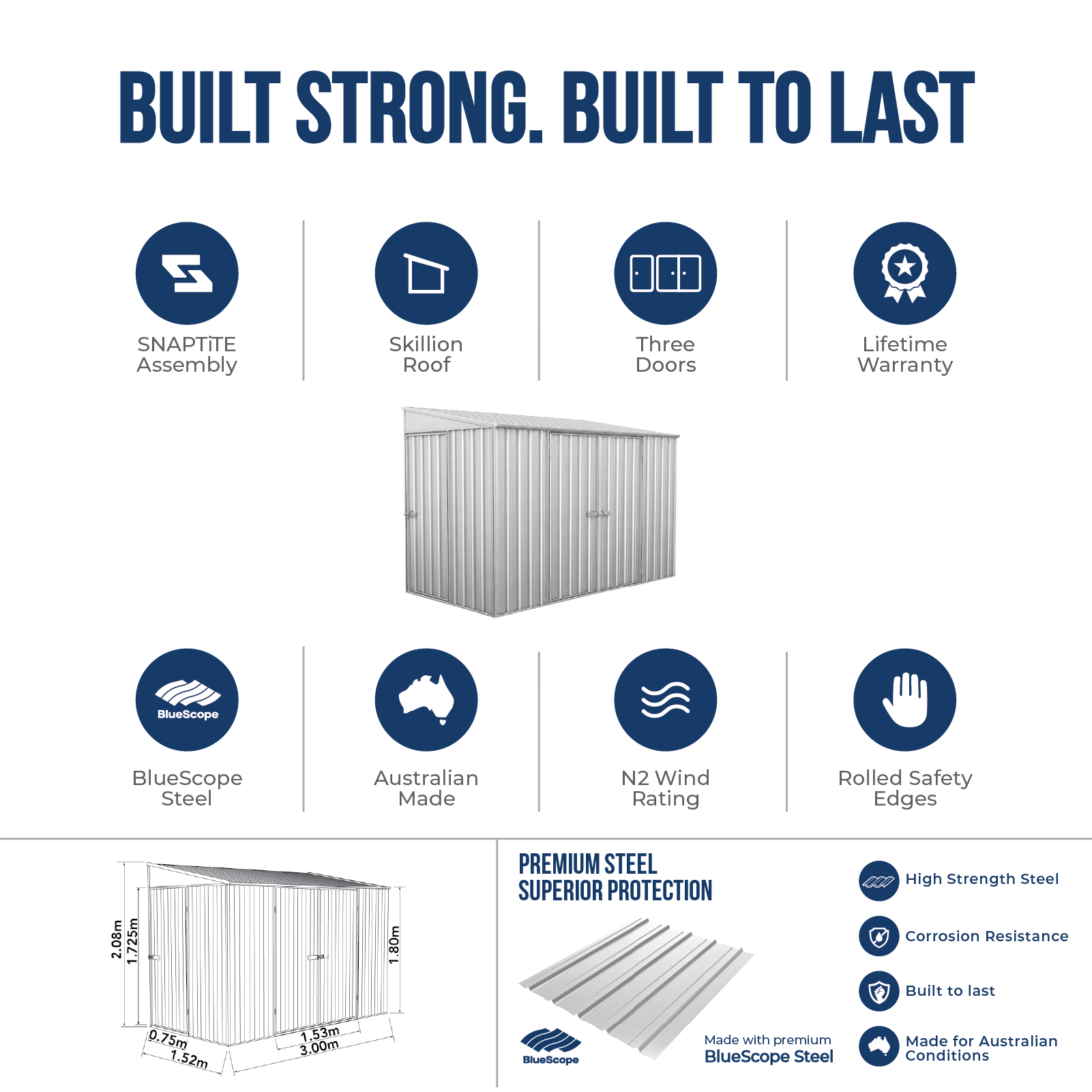 3.00mW x 1.52mD x 2.08mH Bike Shed Three Door Zincalume